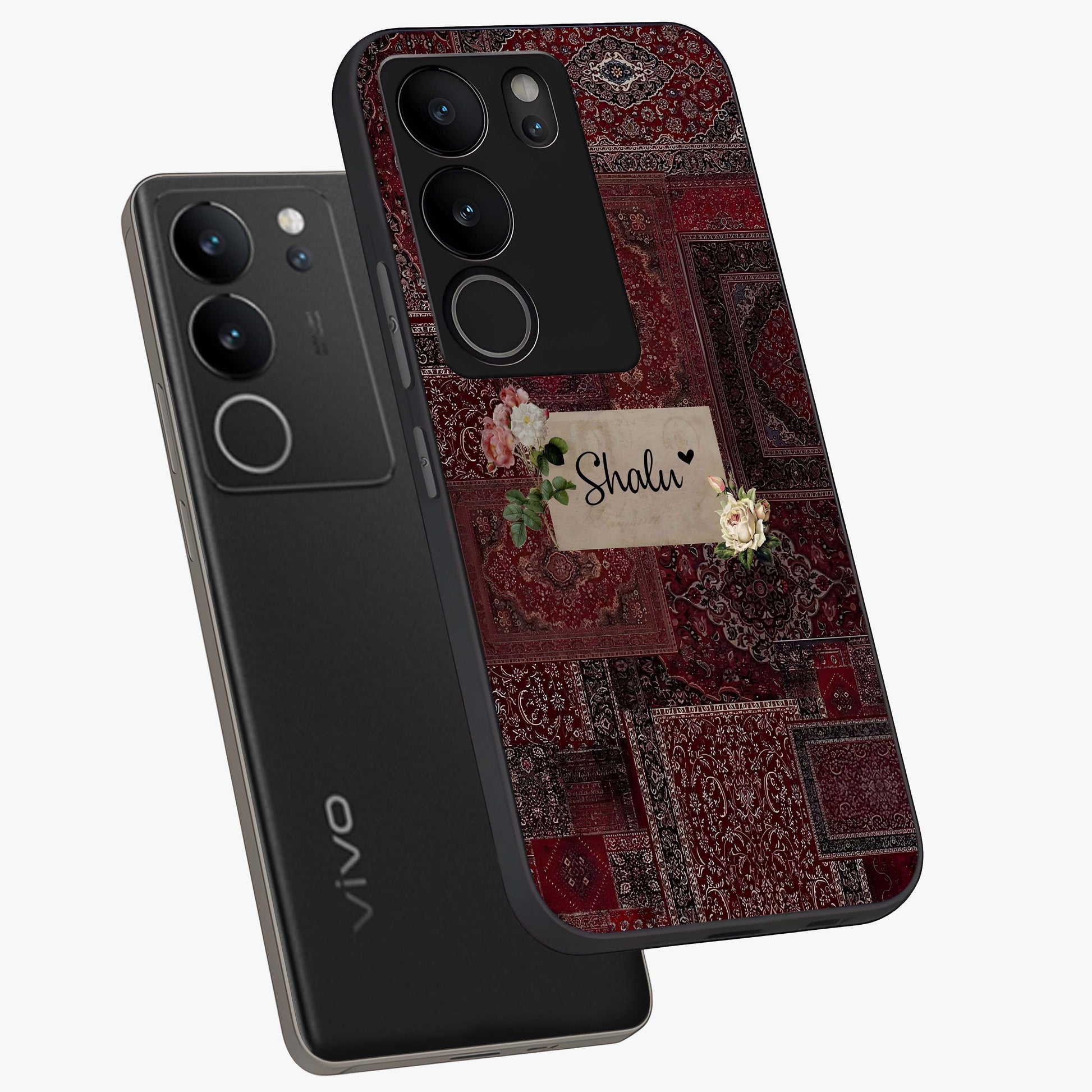 Velvet Wine Pattern Custom Name Glass Case displayed in angled mockup highlighting decorative velvet inspired design with custom name feature.