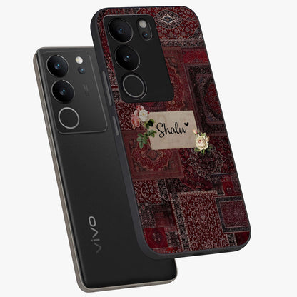 Velvet Wine Pattern Custom Name Glass Case displayed in angled mockup highlighting decorative velvet inspired design with custom name feature.