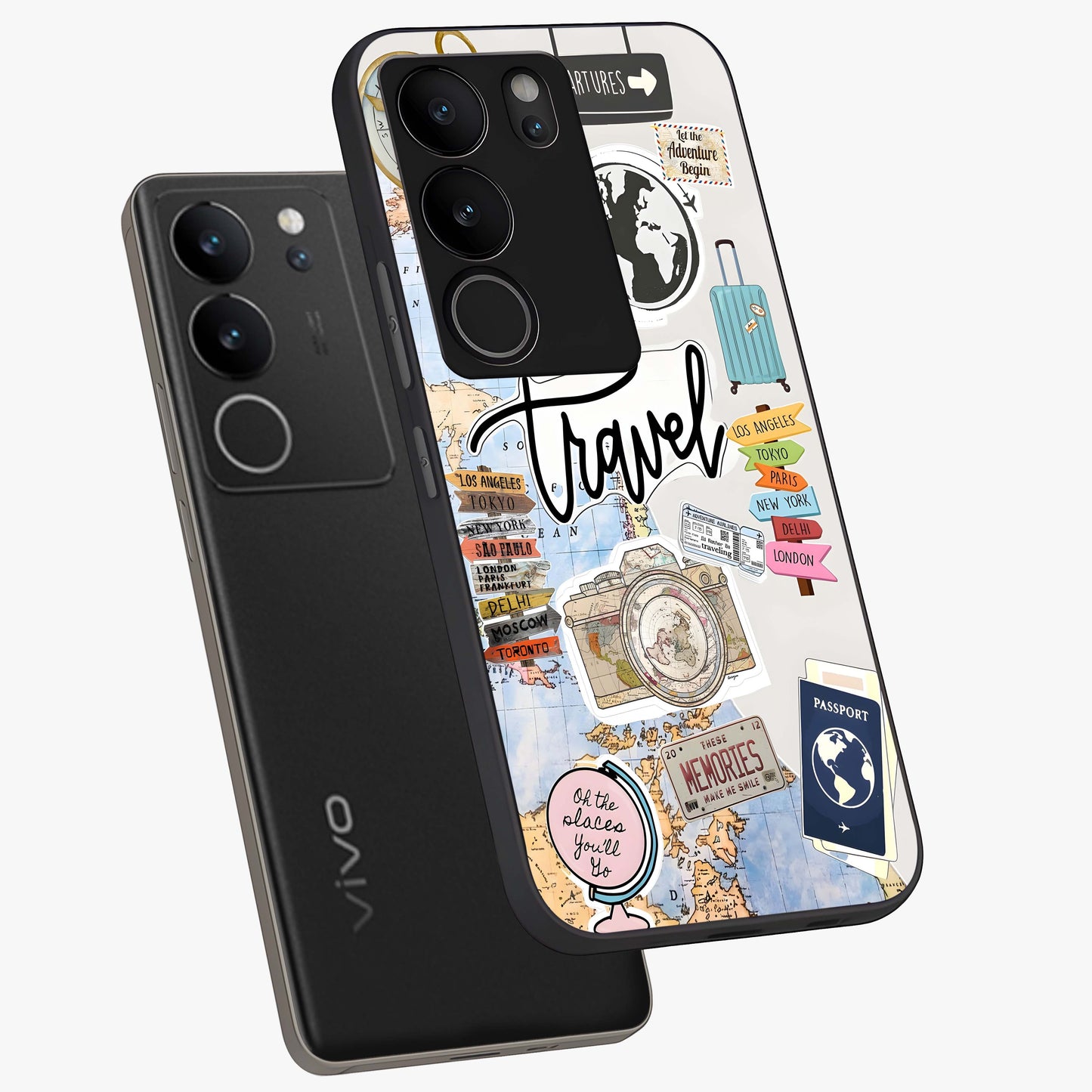 Wanderlust Journal Glass Case displayed in angled mockup highlighting adventure themed design with aesthetic travel vibe.
