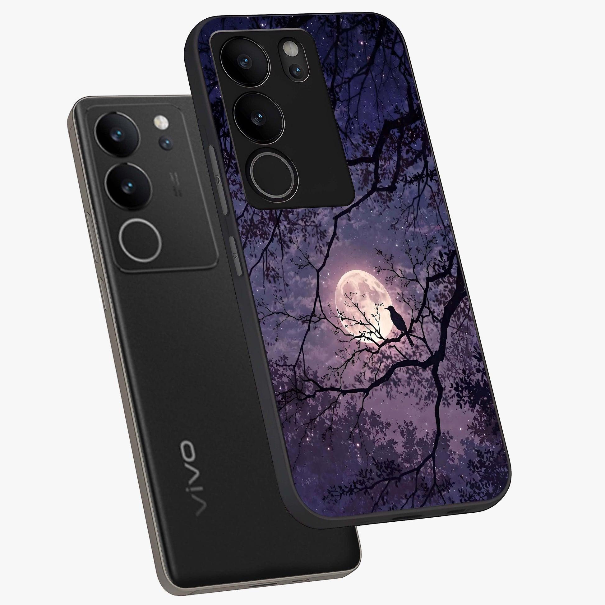 Whispering Moon Silence Glass Case displayed in angled mockup highlighting calm lunar design with dreamy night aesthetic.