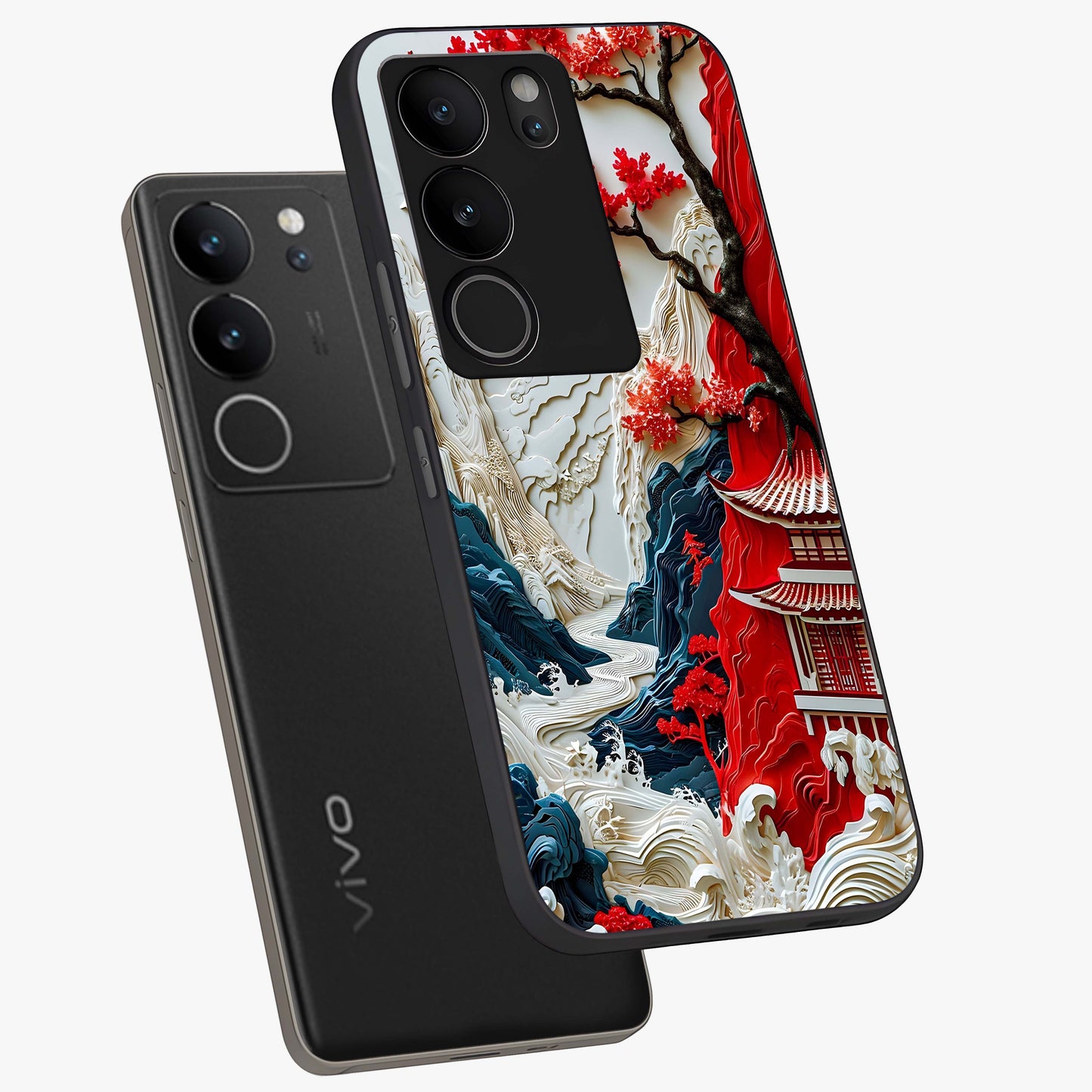 Whispers Of Sakura Waves Glass Case displayed in angled mockup highlighting flowing sakura design with soft floral aesthetic.