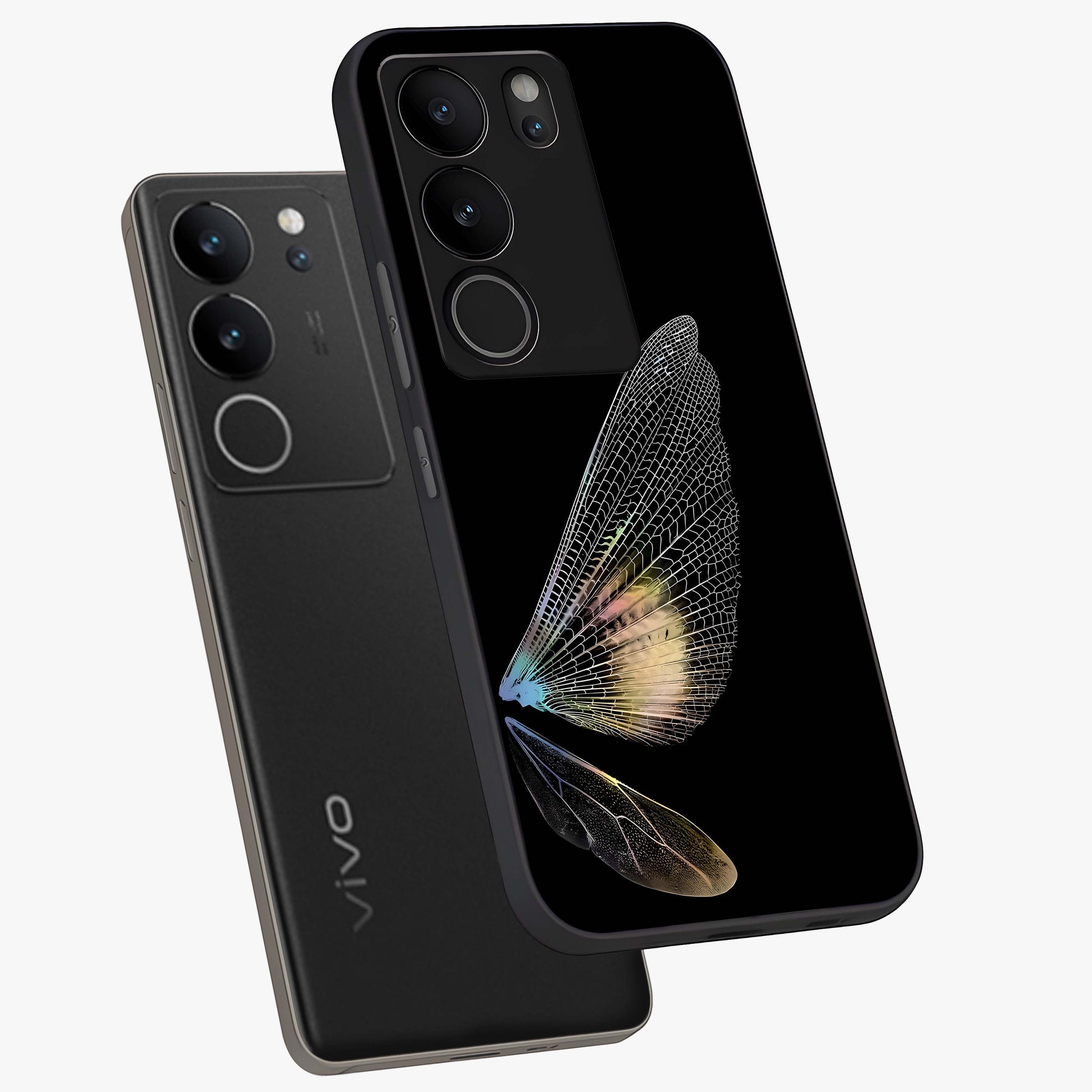 Whispers Of Wings Glass Case displayed in angled mockup highlighting soft feather design with celestial aesthetic style.