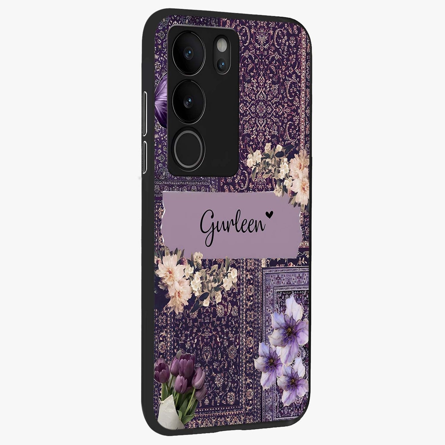 Antique Floral Whisper Custom Name Glass Case upright view showcasing delicate floral artwork with custom name feature.