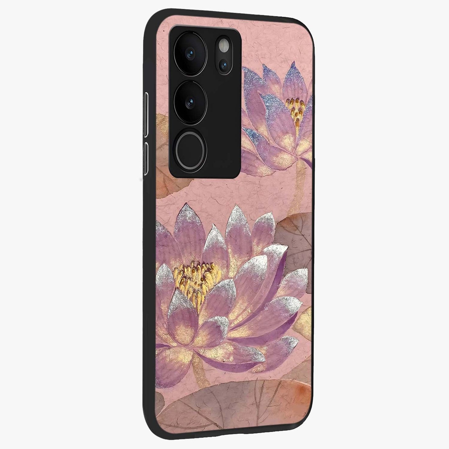 Blossom Mist Lotus Glass Case upright view showcasing graceful lotus flower design with peaceful botanical style.