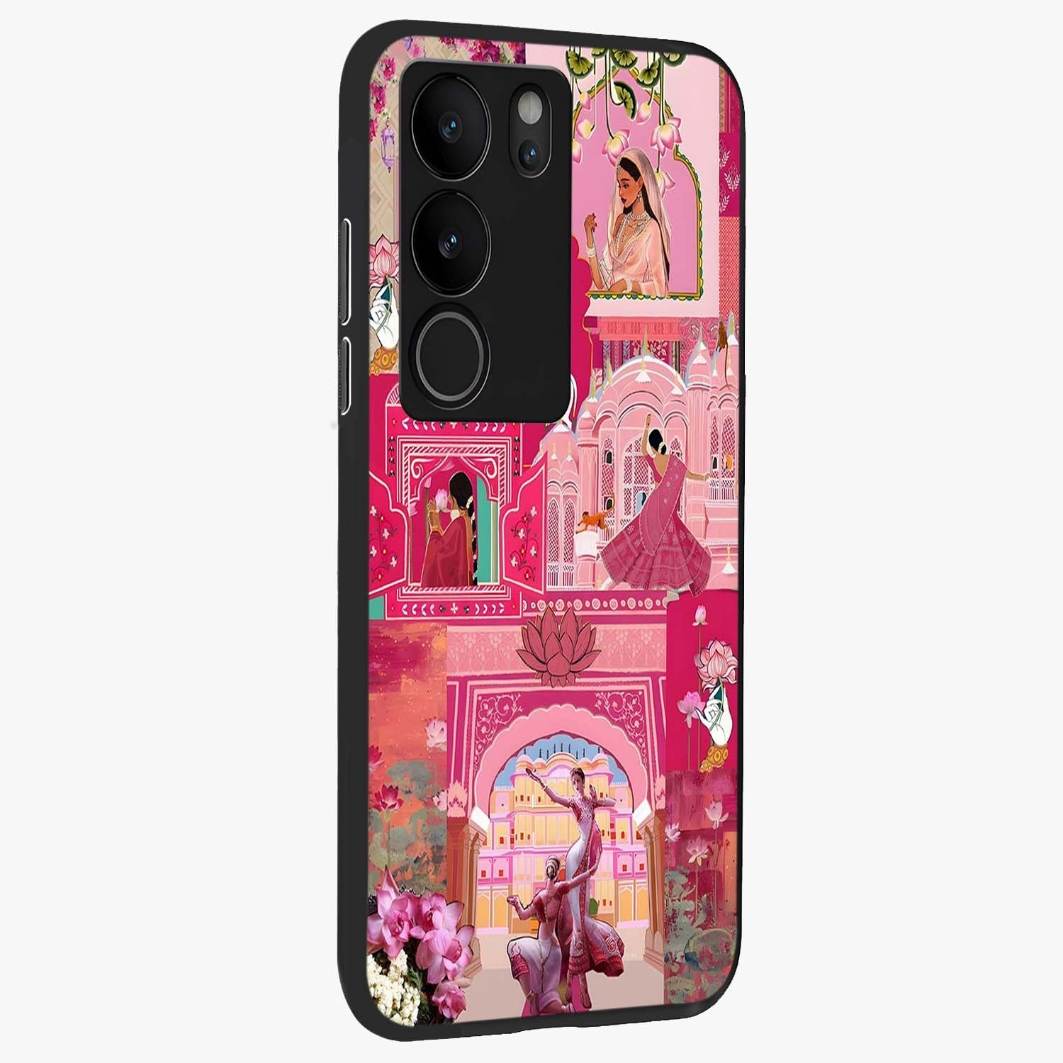 Blossoms of Rajasthan Glass Case upright view showcasing colorful floral design inspired by traditional Indian art.