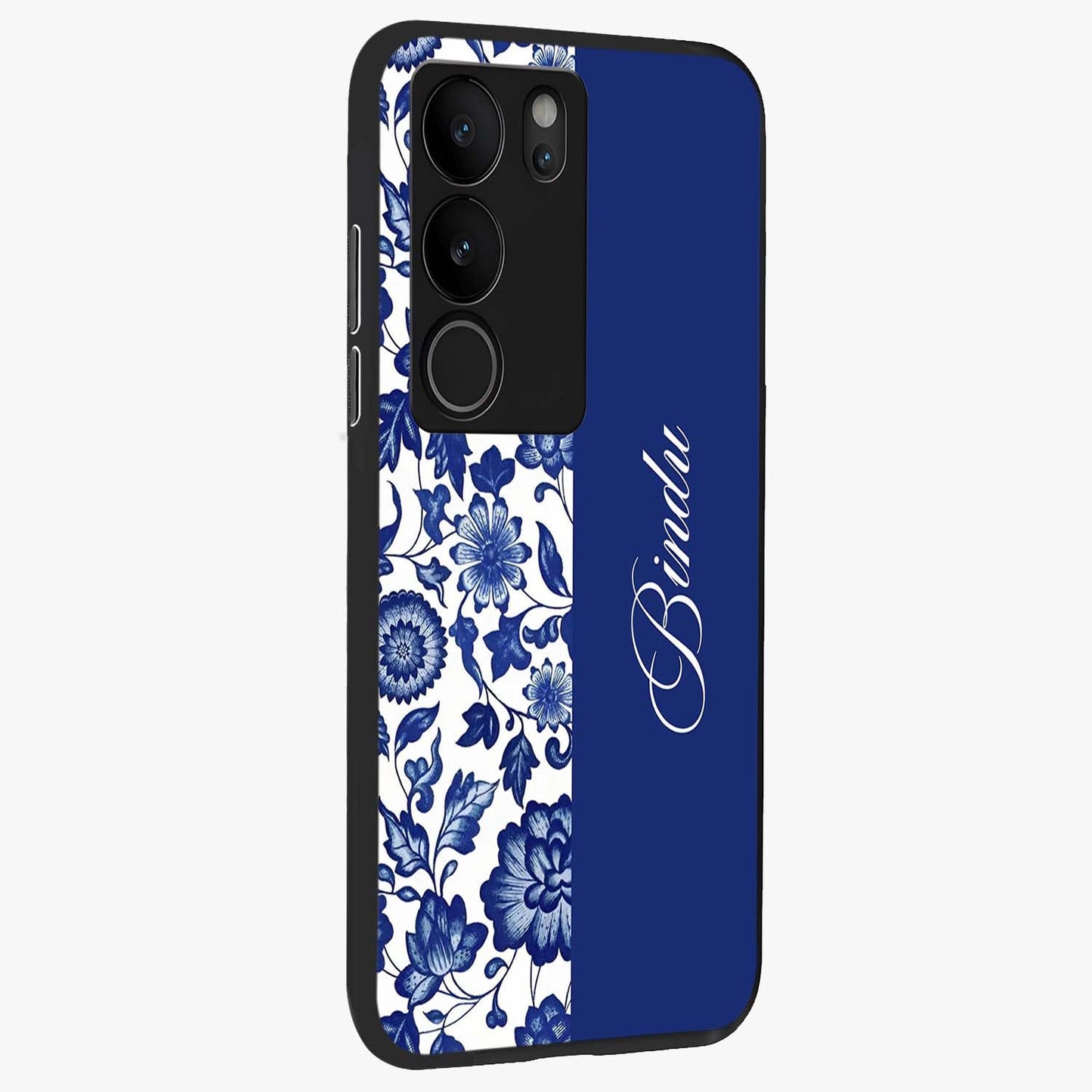 Blue Vintage Floral Pattern Glass Case upright view showcasing delicate blush floral texture with modern minimal style.