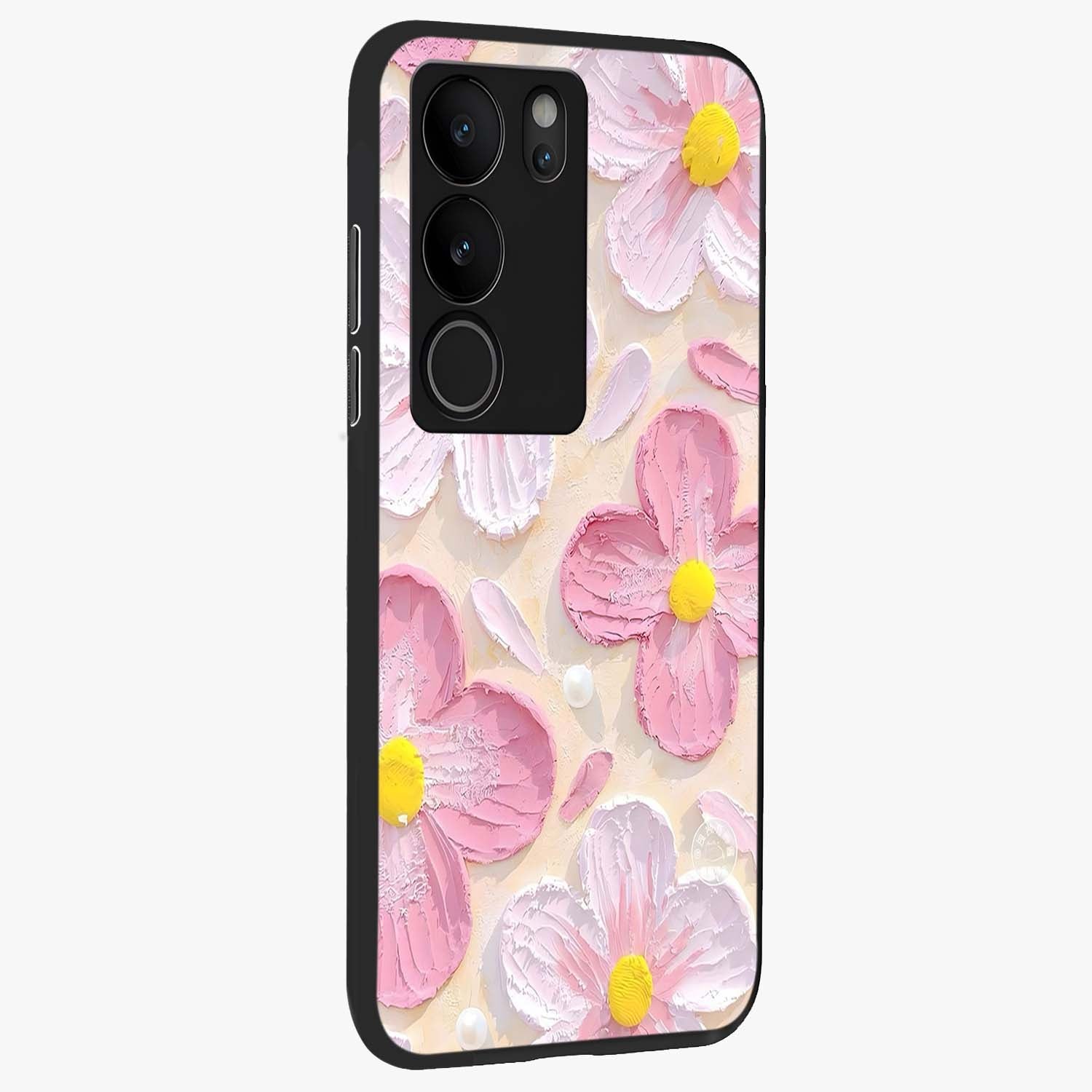 Blush Bloom Texture Glass Case upright view showcasing delicate blush floral texture with modern minimal style.