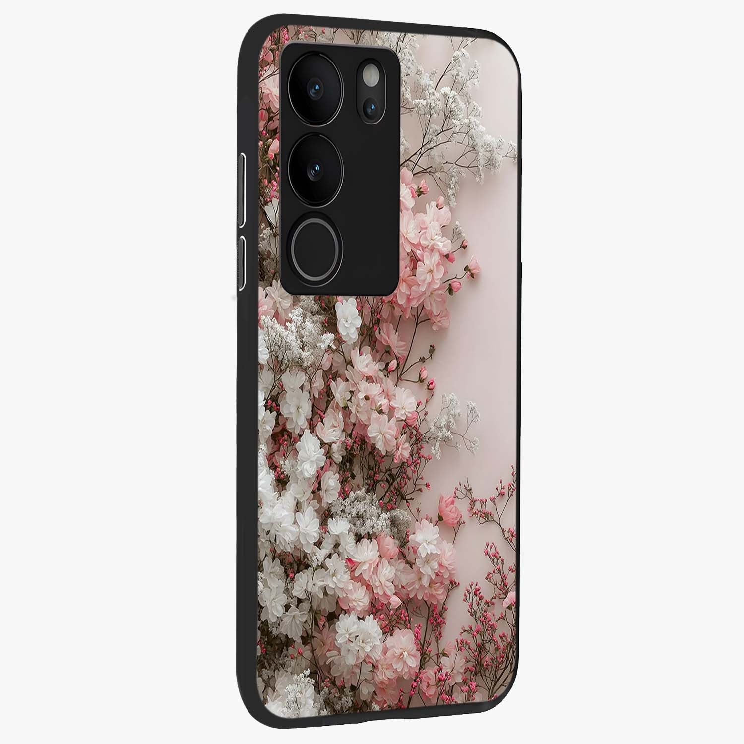 Blush Blossom Cloud Glass Case upright view showcasing calm floral cloud artwork with gentle dreamy theme.