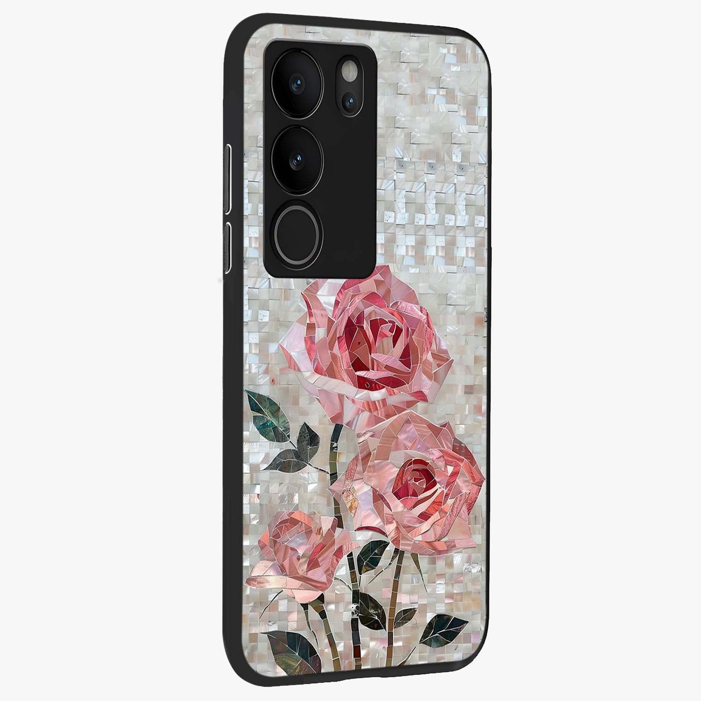 Blush Mosaic Bloom Glass Case upright view showcasing decorative floral mosaic artwork with stylish modern aesthetic.