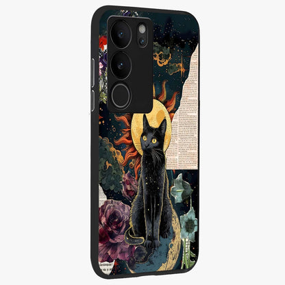 Celestial Black Cat Glass Case upright view showcasing magical black cat illustration with starry cosmic theme.
