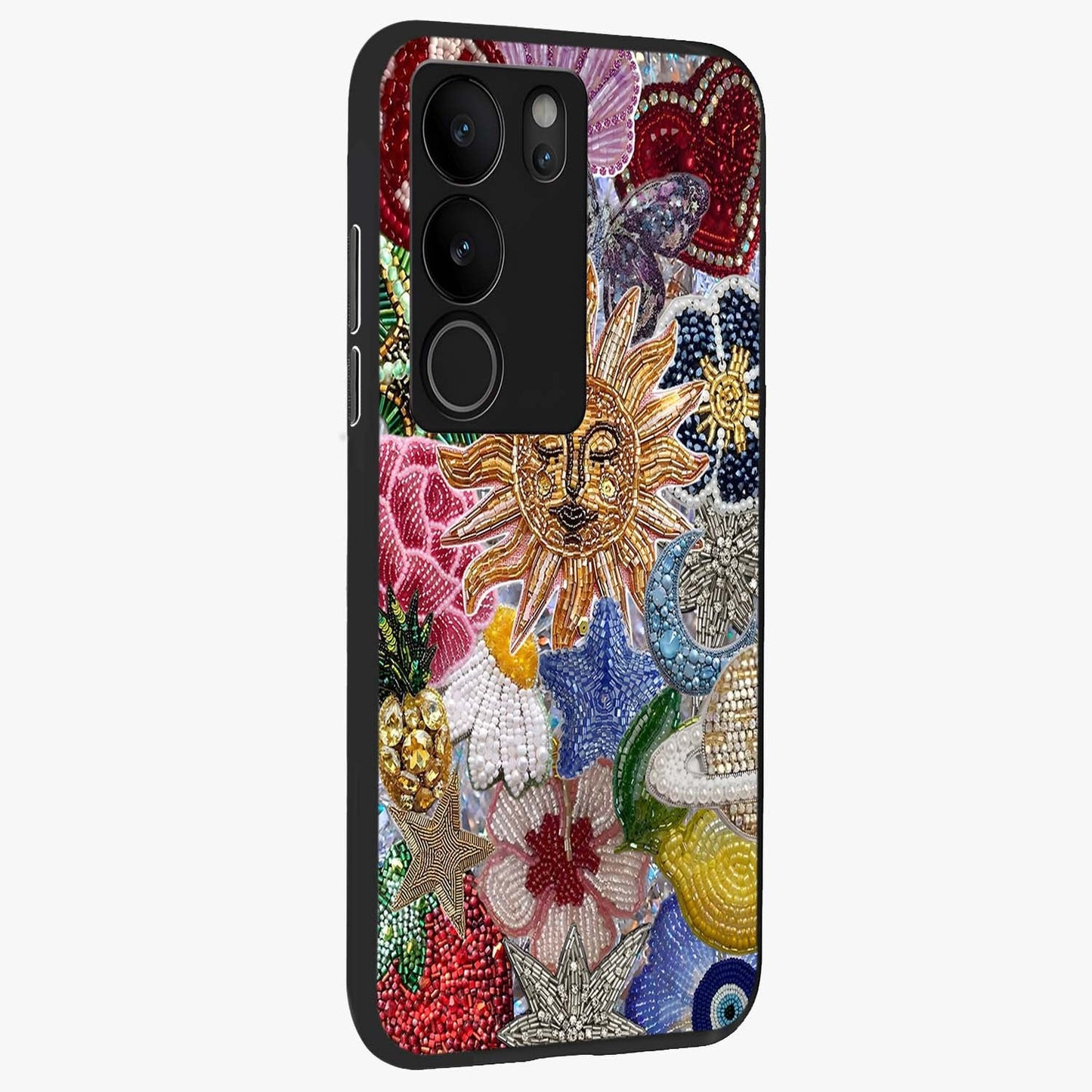 Celestial Floral and Playful Glass Case upright view showcasing whimsical floral artwork with cosmic aesthetic theme.
