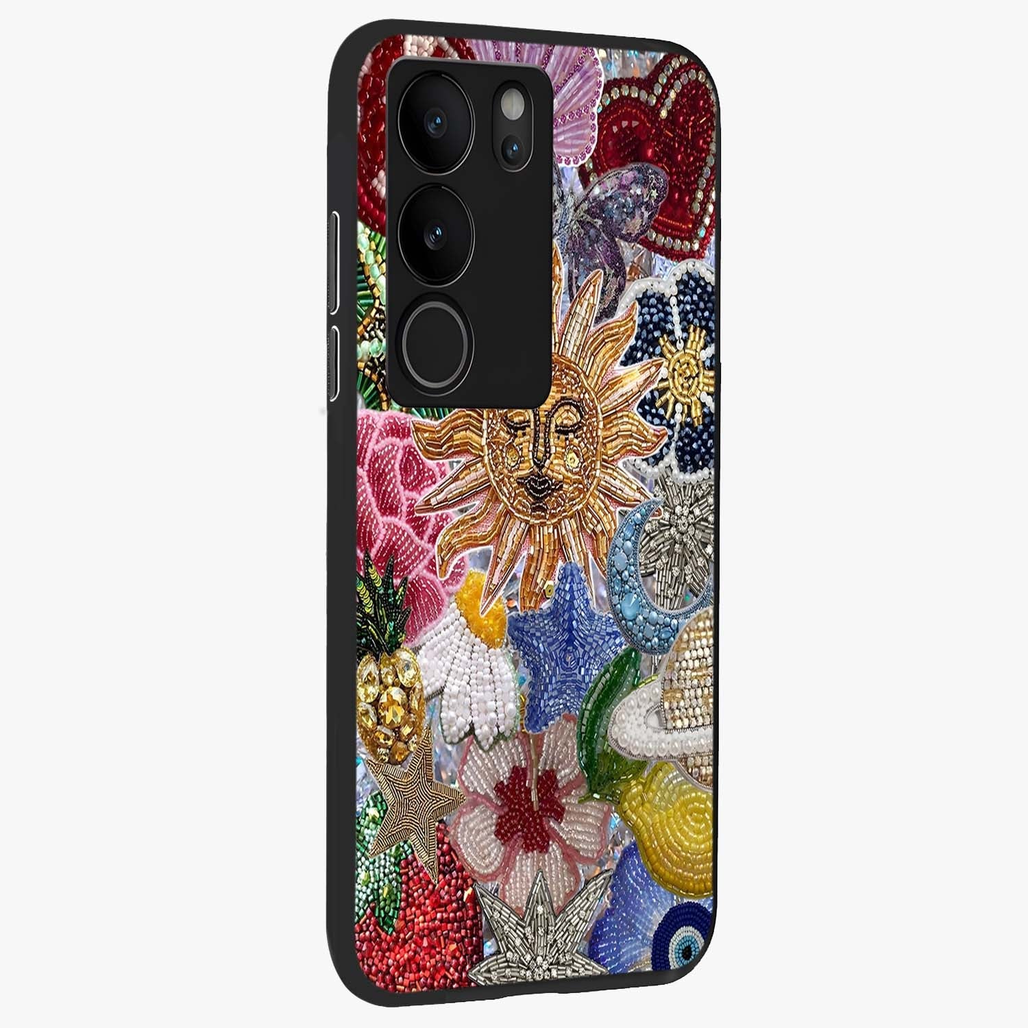 Celestial Floral and Playful Glass Case upright view showcasing whimsical floral artwork with cosmic aesthetic theme.