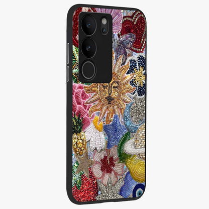 Celestial Floral and Playful Glass Case upright view showcasing whimsical floral artwork with cosmic aesthetic theme.
