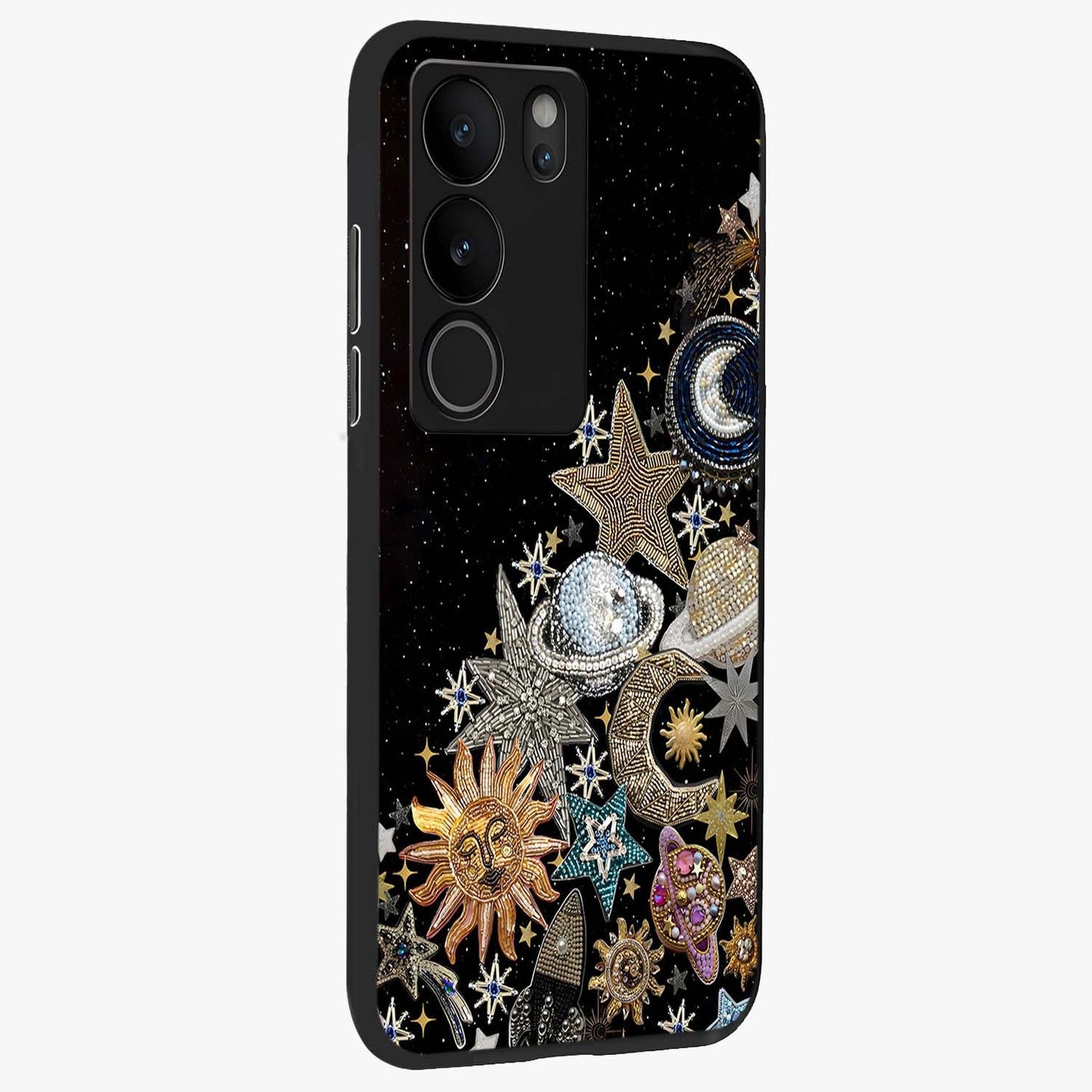 Cosmic Sparkle Dreams Glass Case upright view showcasing glowing cosmic artwork with magical galaxy theme.