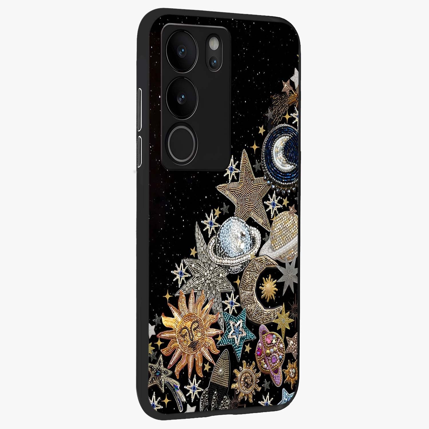Cosmic Sparkle Dreams Glass Case upright view showcasing glowing cosmic artwork with magical galaxy theme.