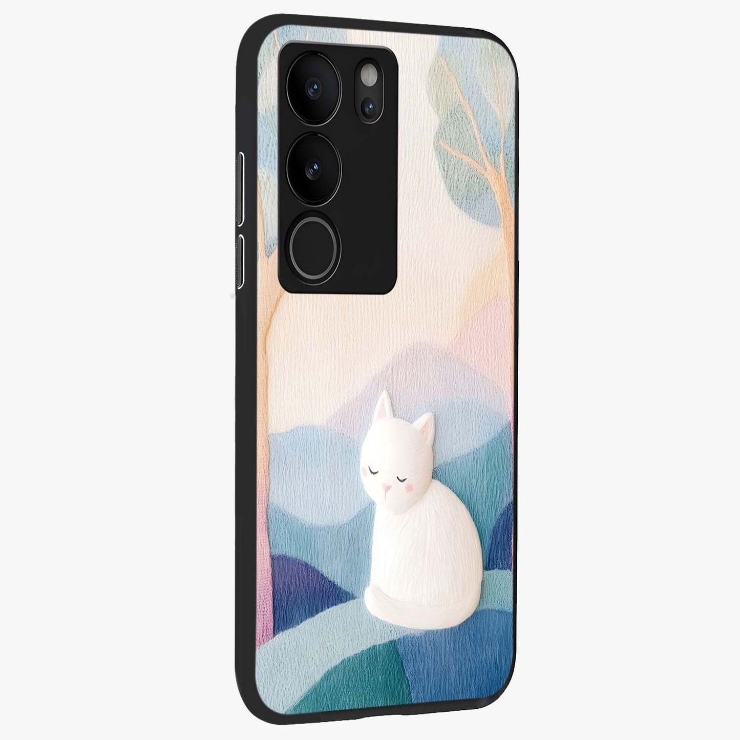 Cotton Dream Cat Glass Case upright view showcasing charming cat artwork with cozy dreamy theme.