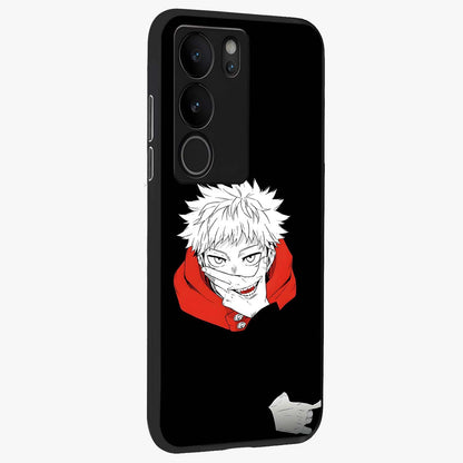 Crimson Chaos Smile Glass Case upright view showcasing expressive chaotic artwork with striking visual theme.