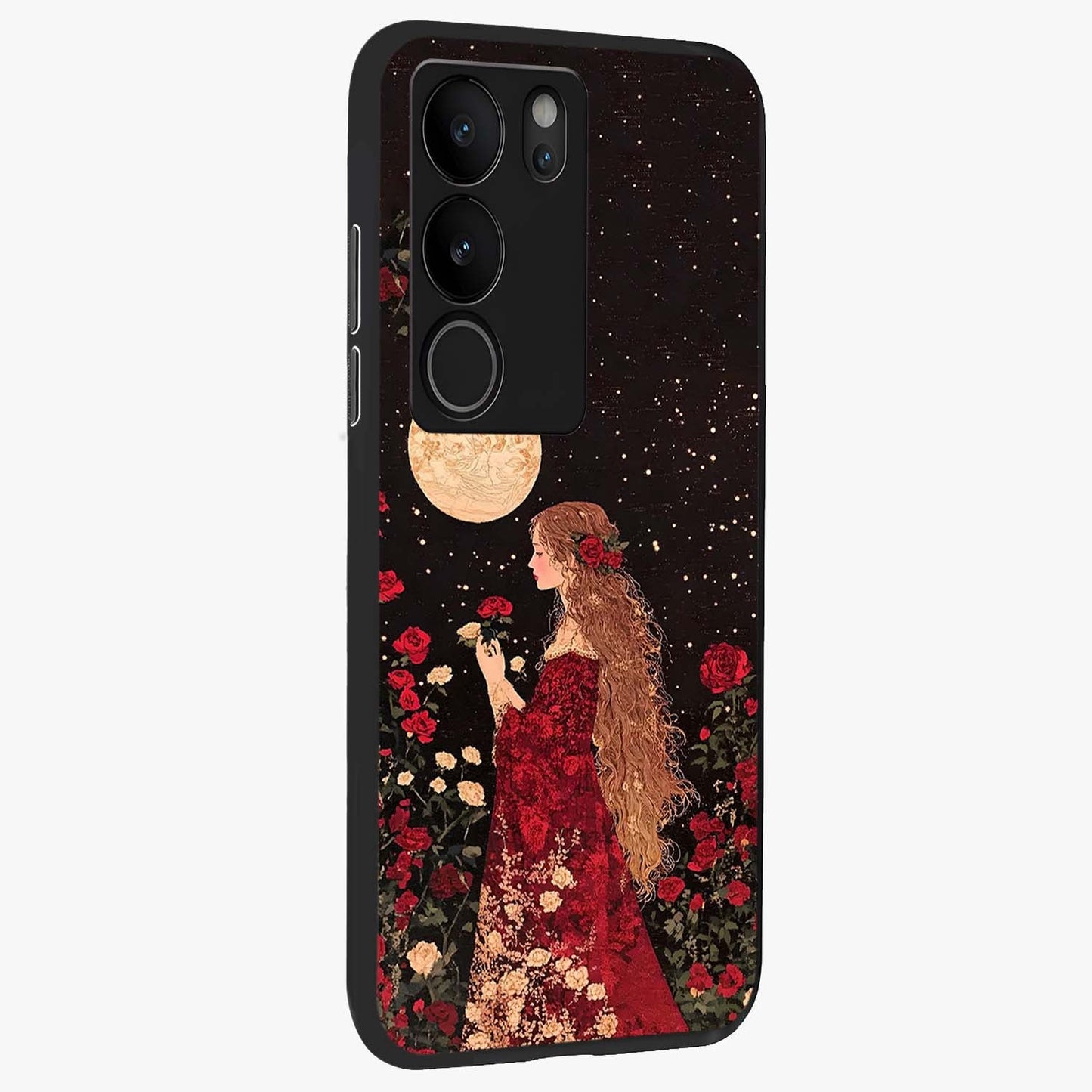 Crimson Dreams Glass Case upright view showcasing dreamy red toned artwork with modern aesthetic style.