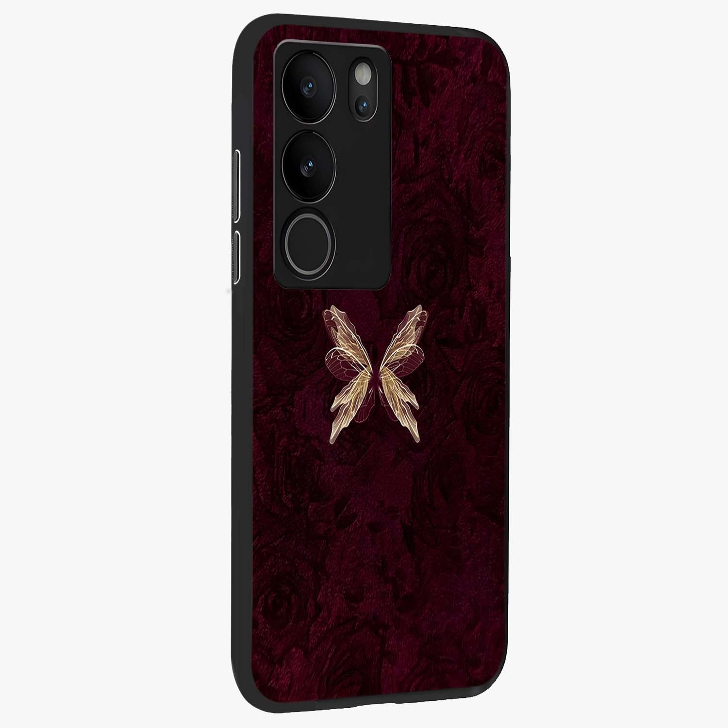 Crimson Fade Butterfly Glass Case upright view showcasing graceful butterfly artwork with soft crimson fade effect.
