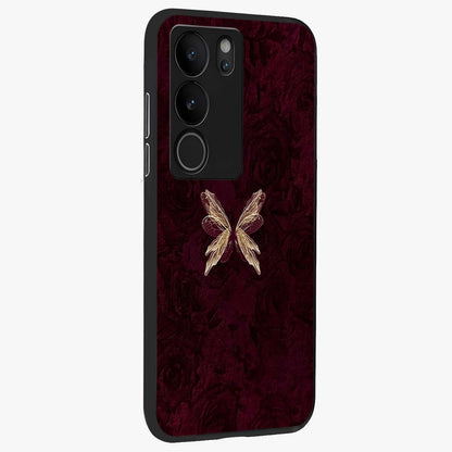 Crimson Fade Butterfly Glass Case upright view showcasing graceful butterfly artwork with soft crimson fade effect.