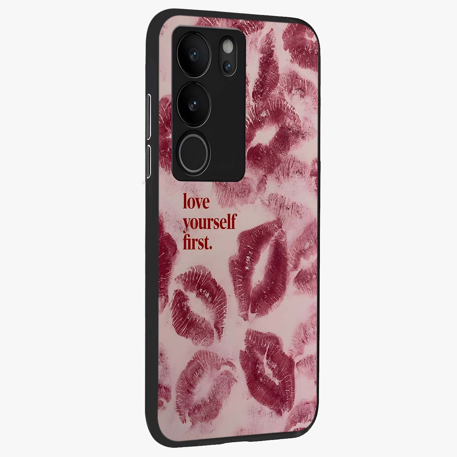 Crimson Kiss Love Glass Case upright view showcasing expressive romantic artwork with deep crimson theme.