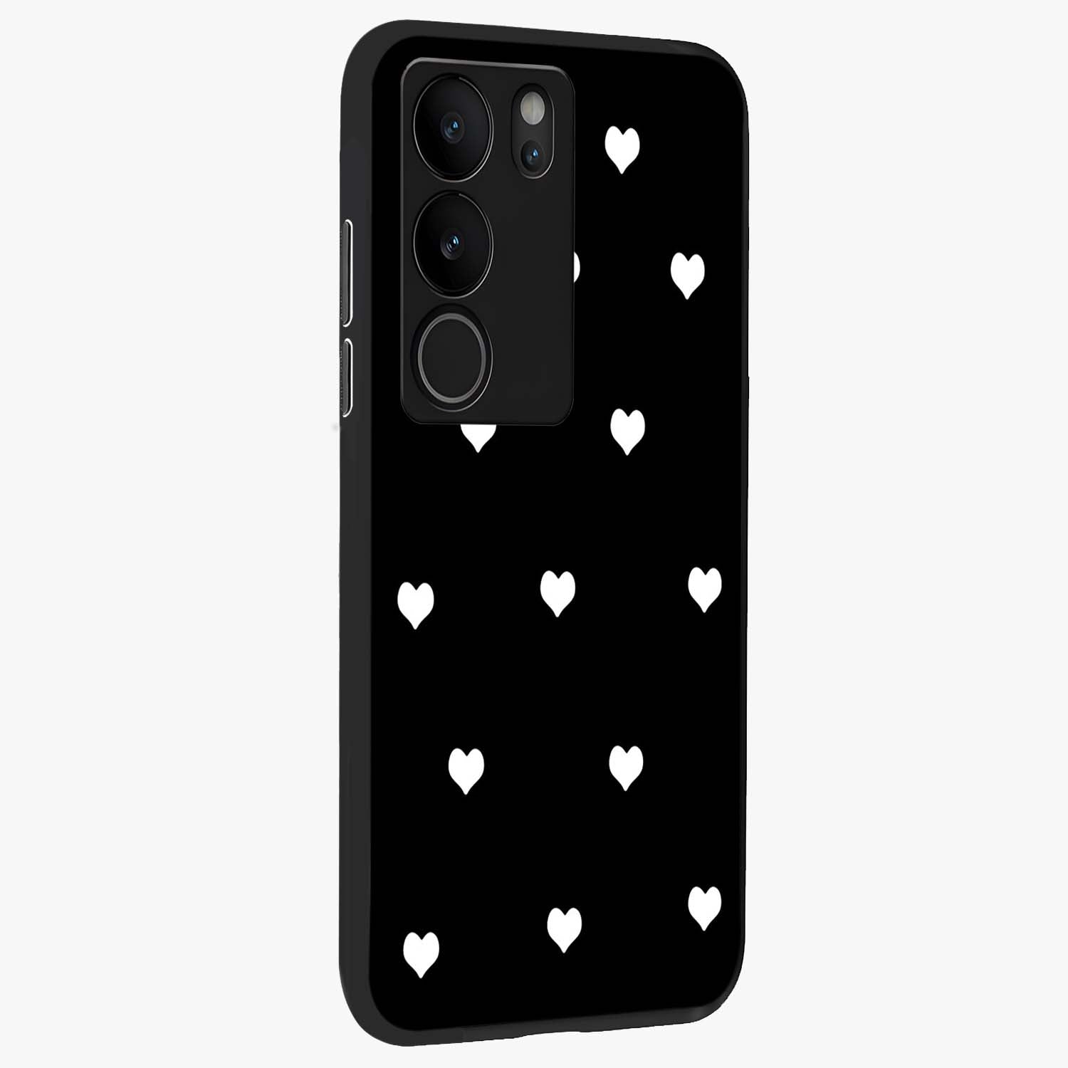 Cute And Simple White Hearts Glass Case upright view showcasing simple white hearts artwork with soft minimal theme.