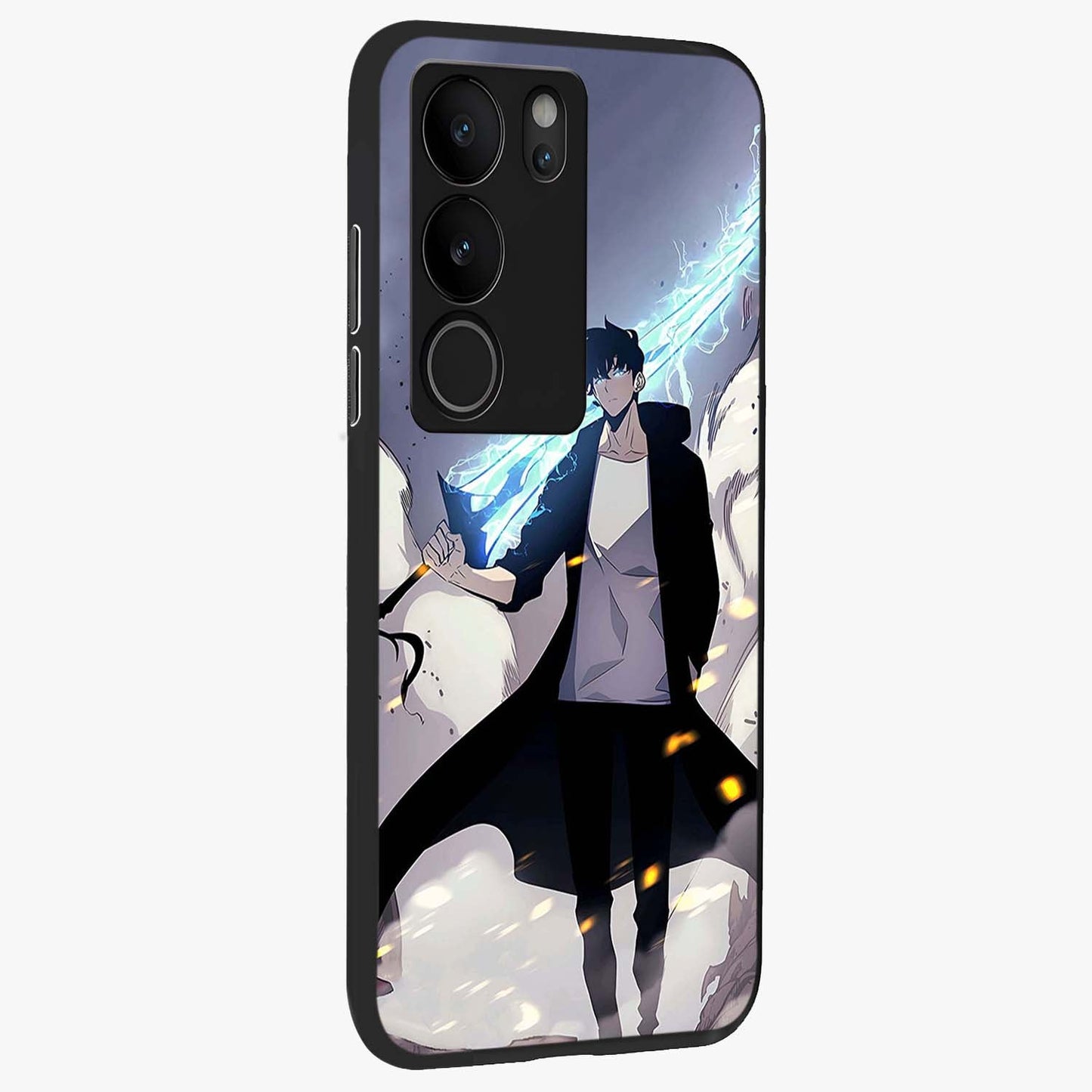 Dark Lightning Anime Warrior Glass Case upright view showcasing dramatic warrior artwork with dark lightning aesthetic.