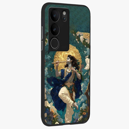 Divine Krishna Art Glass Case upright view showcasing divine Krishna artwork with sacred artistic theme.