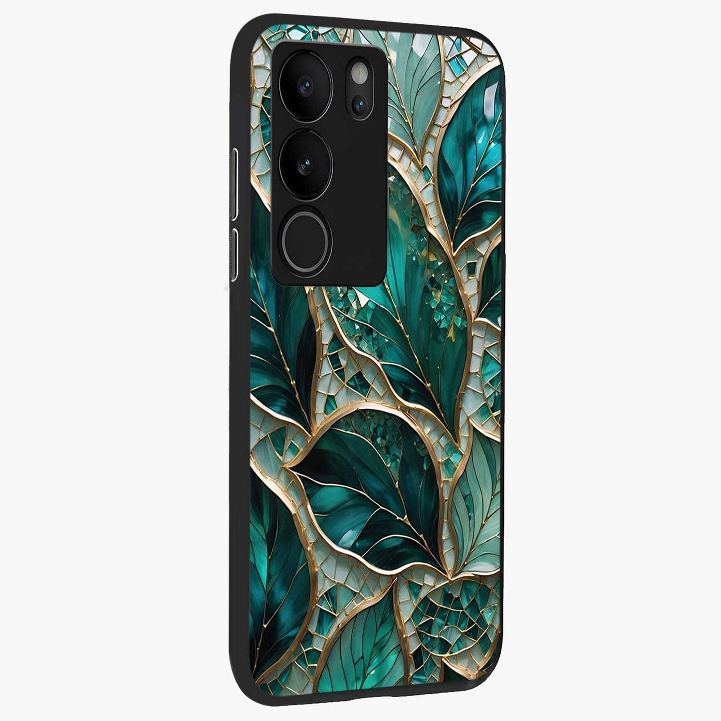 Emerald Leaf Glass Glass Case upright view showcasing fresh green leaf artwork with calming nature inspired style.