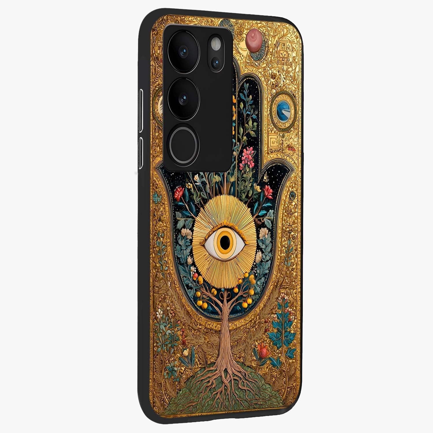 Ethereal Evil Eye Glass Case upright view showcasing celestial evil eye artwork with mystical theme.