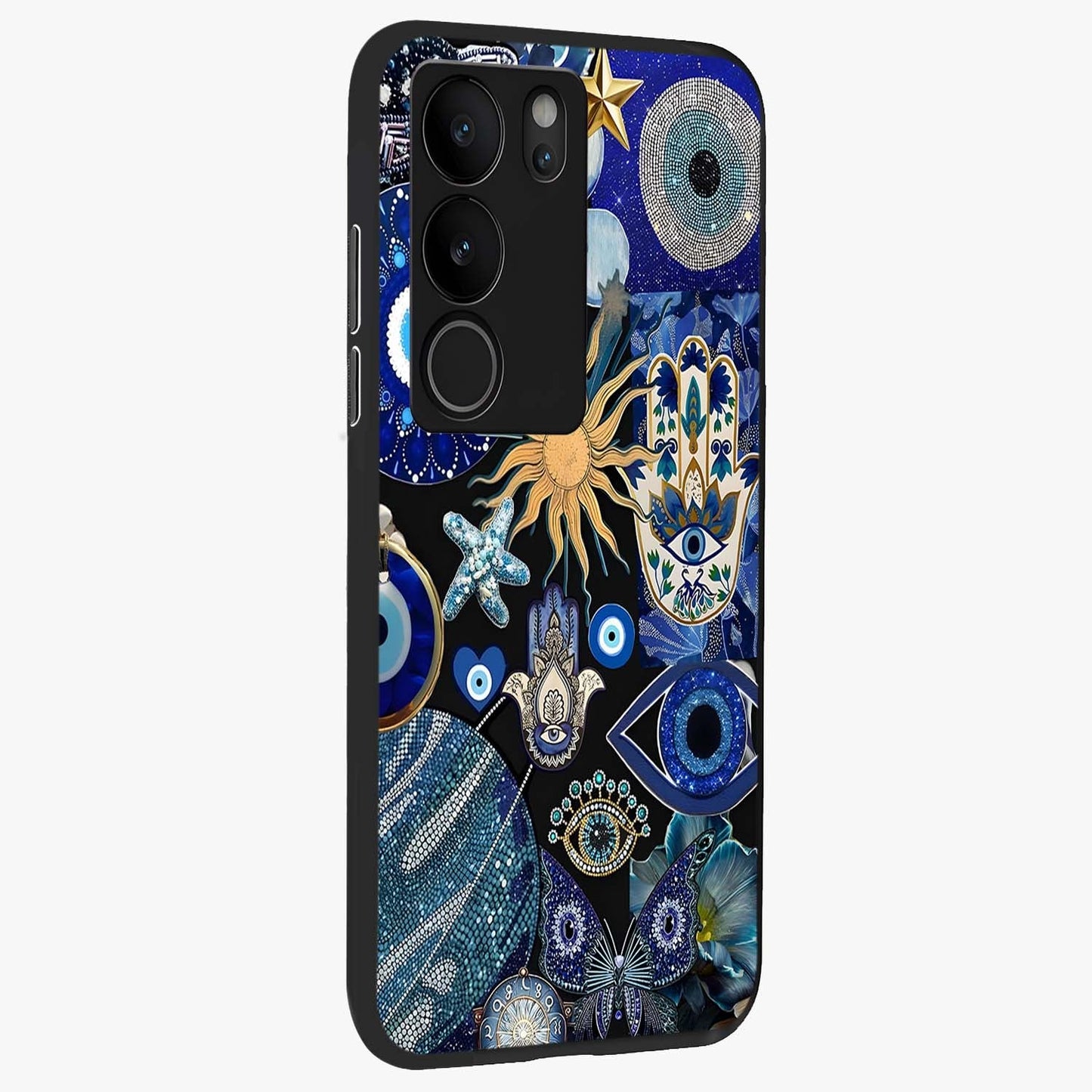 Evil Eye Charm Mix Glass Case upright view showcasing mystical evil eye pattern with vibrant decorative style.