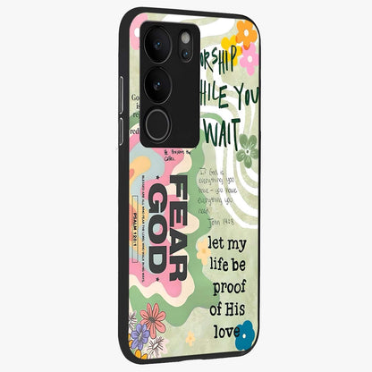 Faith Over Fear Glass Case upright view showcasing bold typography artwork with uplifting motivational theme.