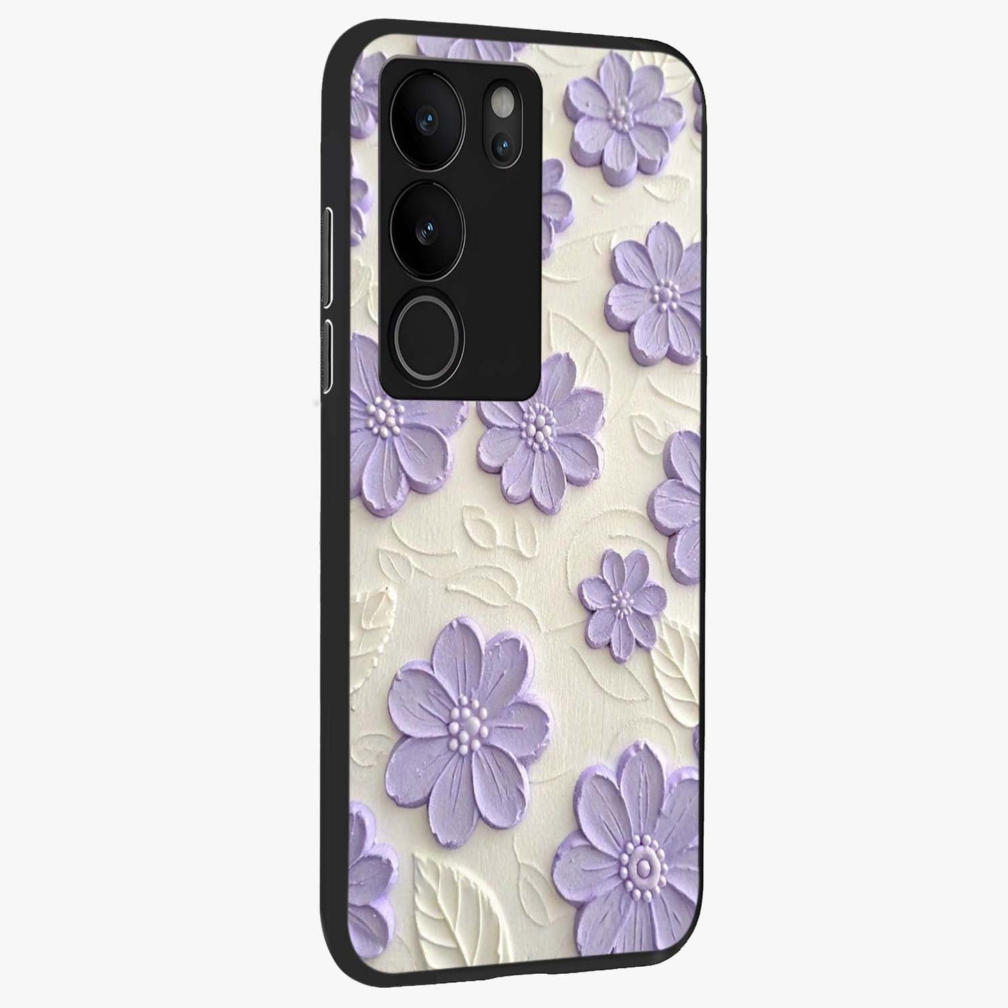 Floral Wall Art With Purple Flowers Glass Case upright view showcasing elegant purple flower artwork with decorative floral theme.