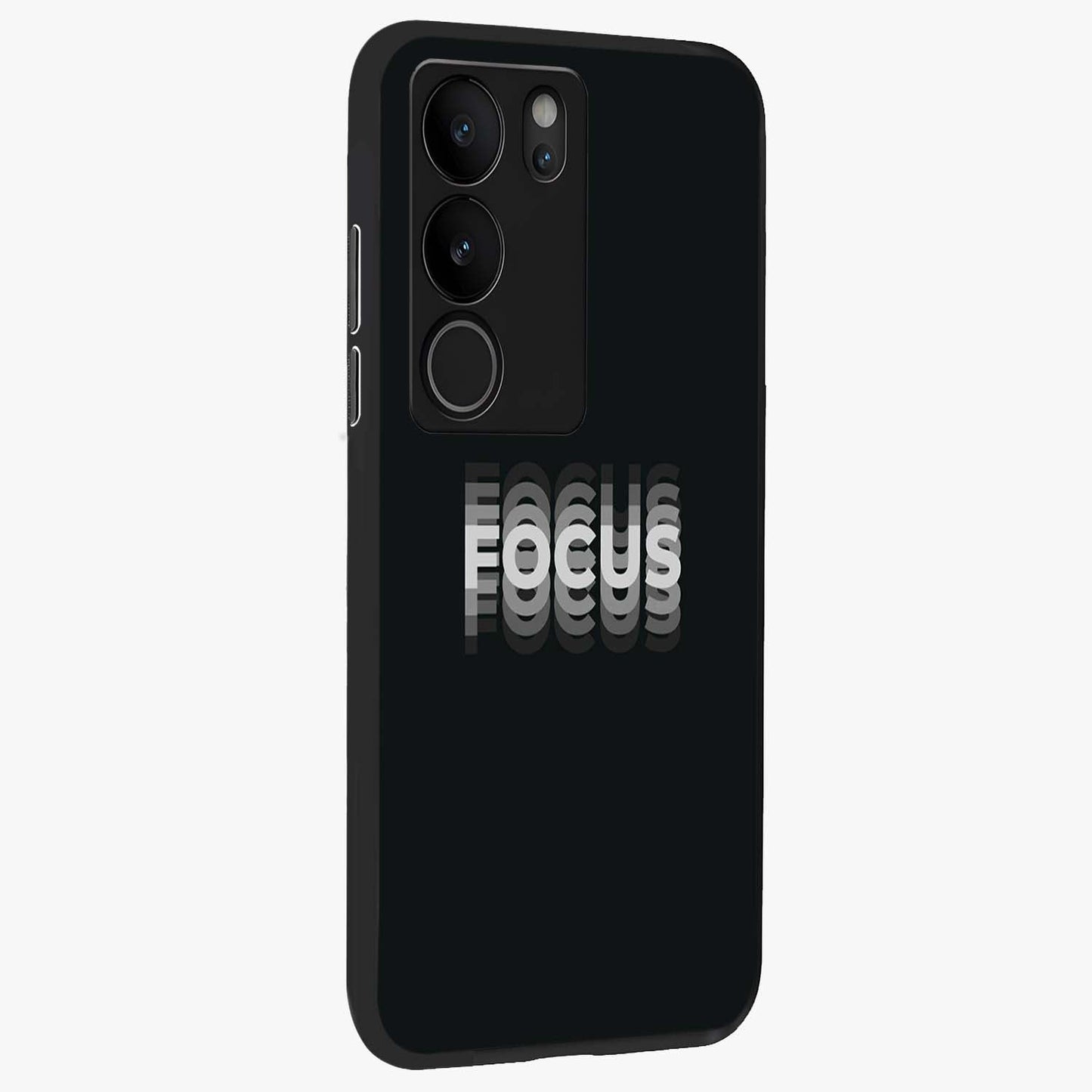 Focus Mode On Glass Case upright view showcasing strong typography statement with sleek motivational theme.
