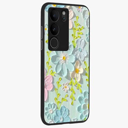 Frosted Petal Garden Glass Case upright view showcasing elegant floral garden artwork with soothing pastel theme.