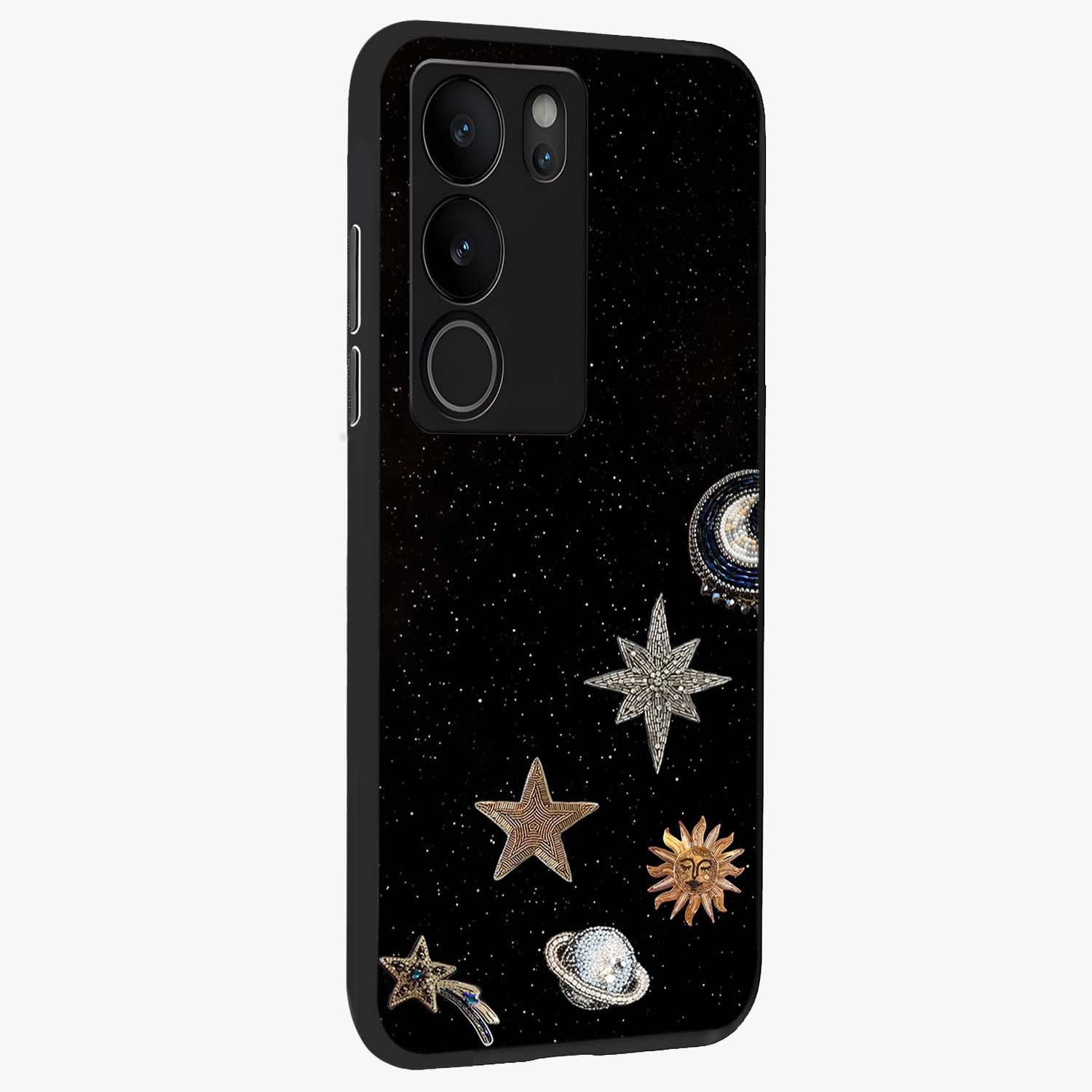 Galactic Charm Glow Glass Case upright view showcasing glowing cosmic charm artwork with magical celestial style.