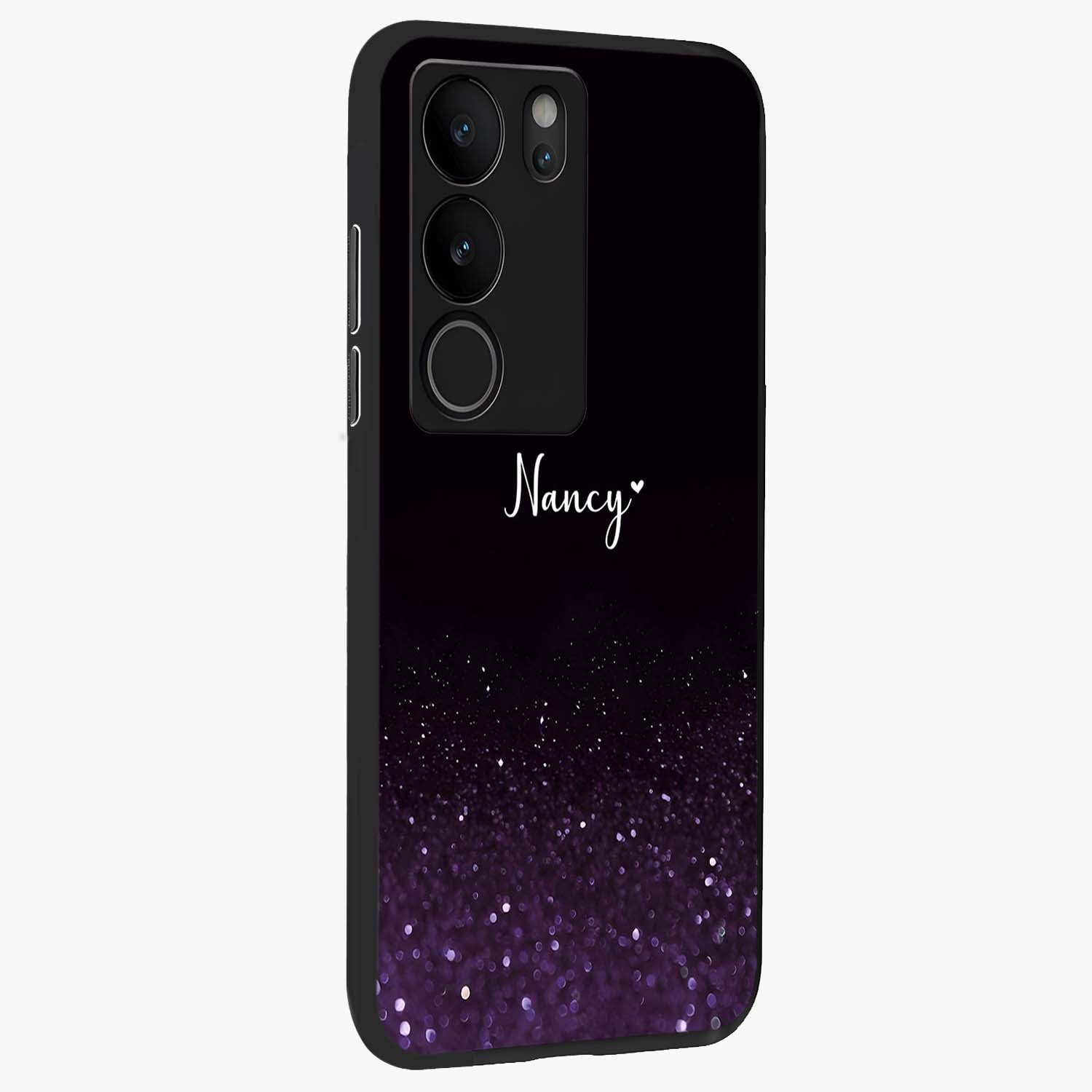 Glittery Purple Bokeh Custom Name Glass Case upright view showcasing vibrant purple sparkle artwork with personalized aesthetic style.