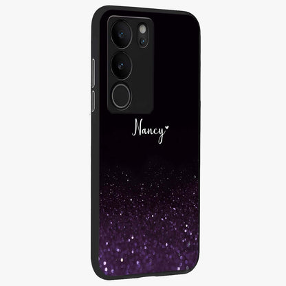 Glittery Purple Bokeh Custom Name Glass Case upright view showcasing vibrant purple sparkle artwork with personalized aesthetic style.
