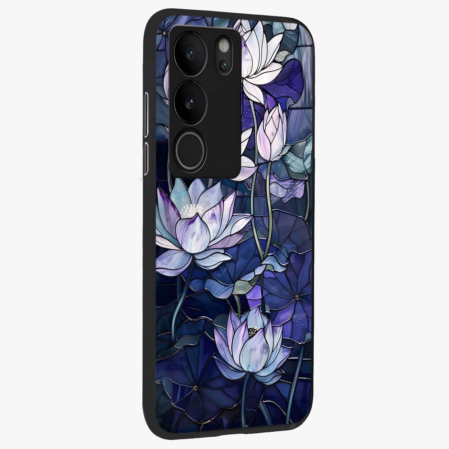 Gloss Petal Rush Glass Case upright view showcasing dynamic floral petal artwork with modern botanical theme.