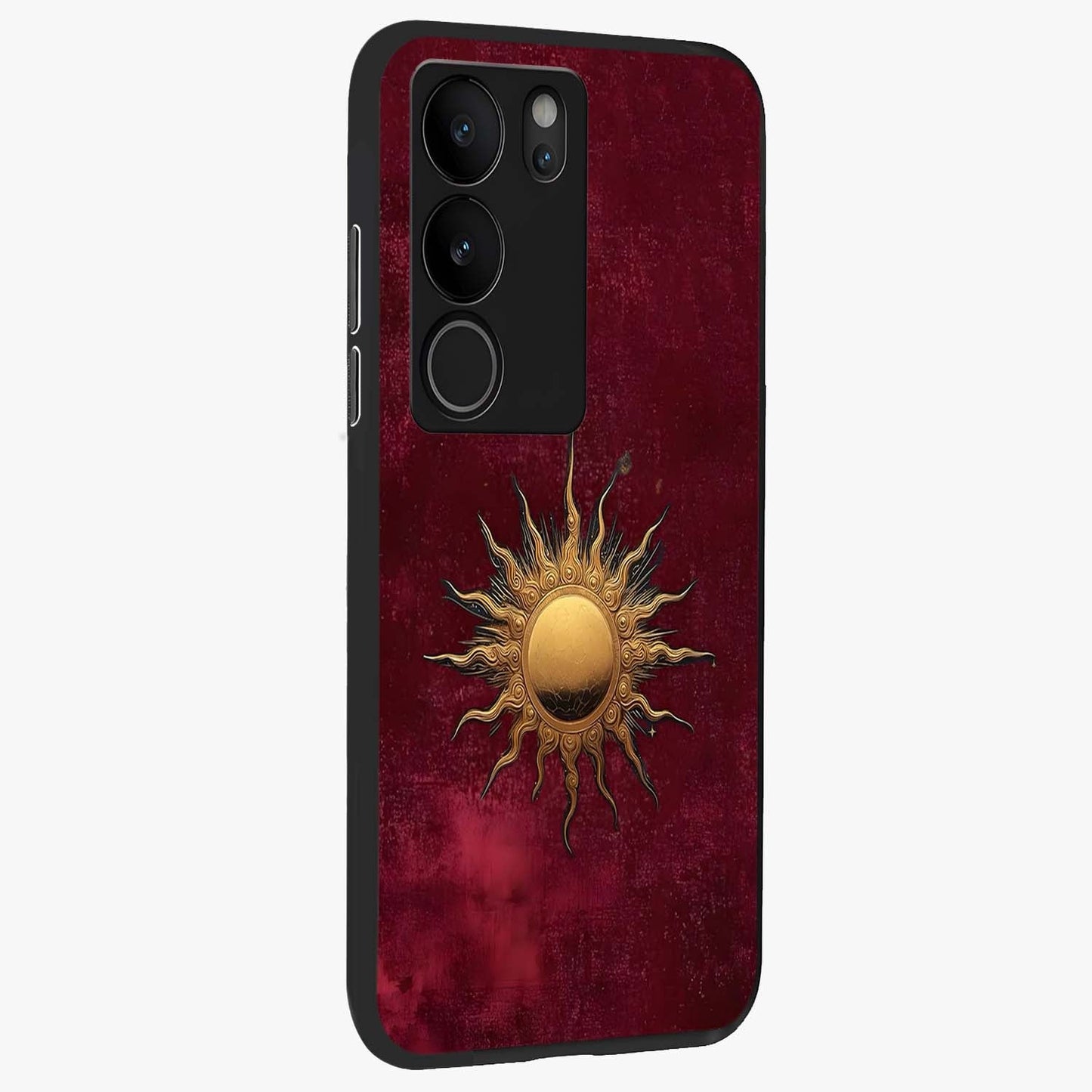 Golden Sun Minimalism Glass Case upright view showcasing simple golden sun artwork with elegant minimalist style.