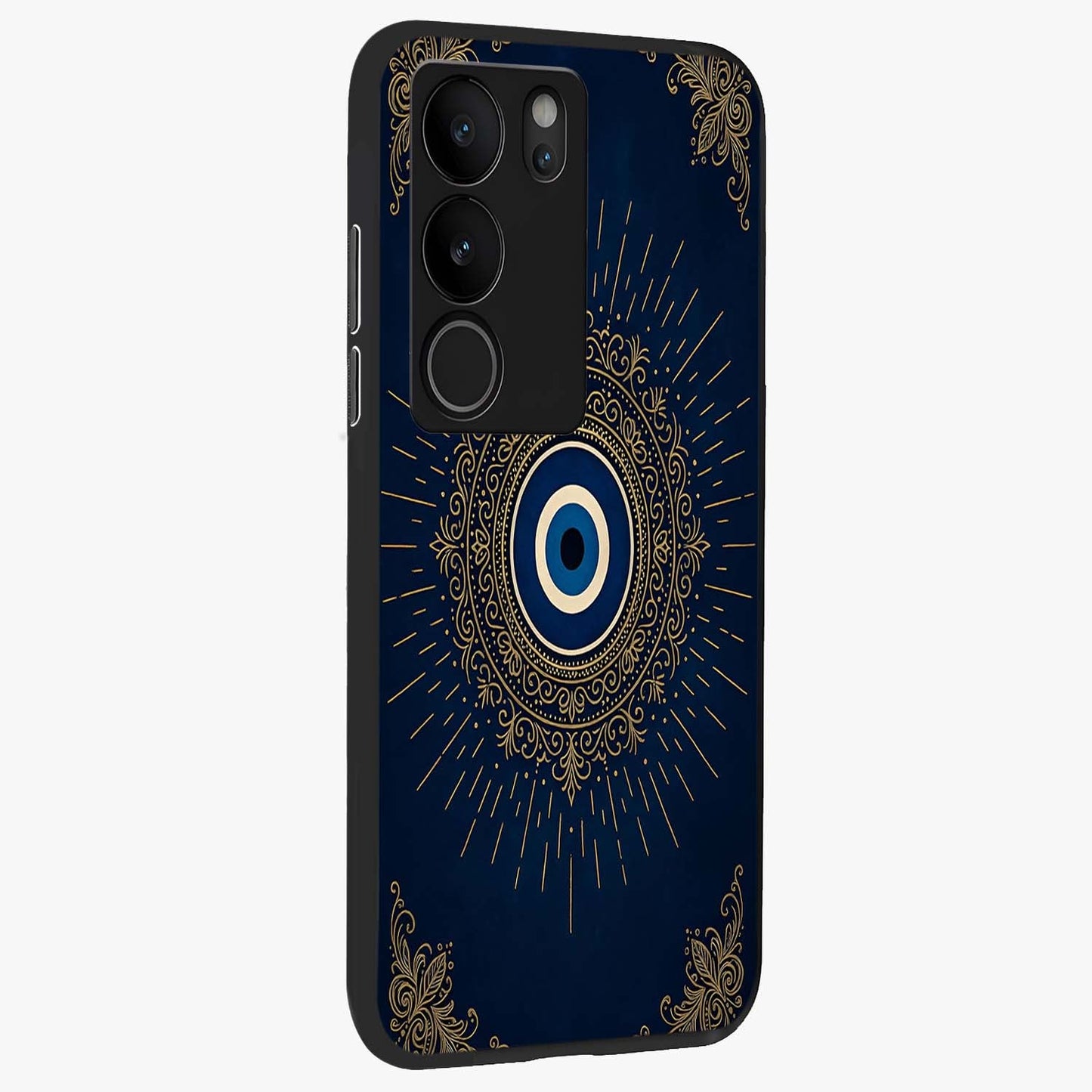 Golden Celestial Charm Glass Case upright view showcasing radiant celestial artwork with elegant golden theme.