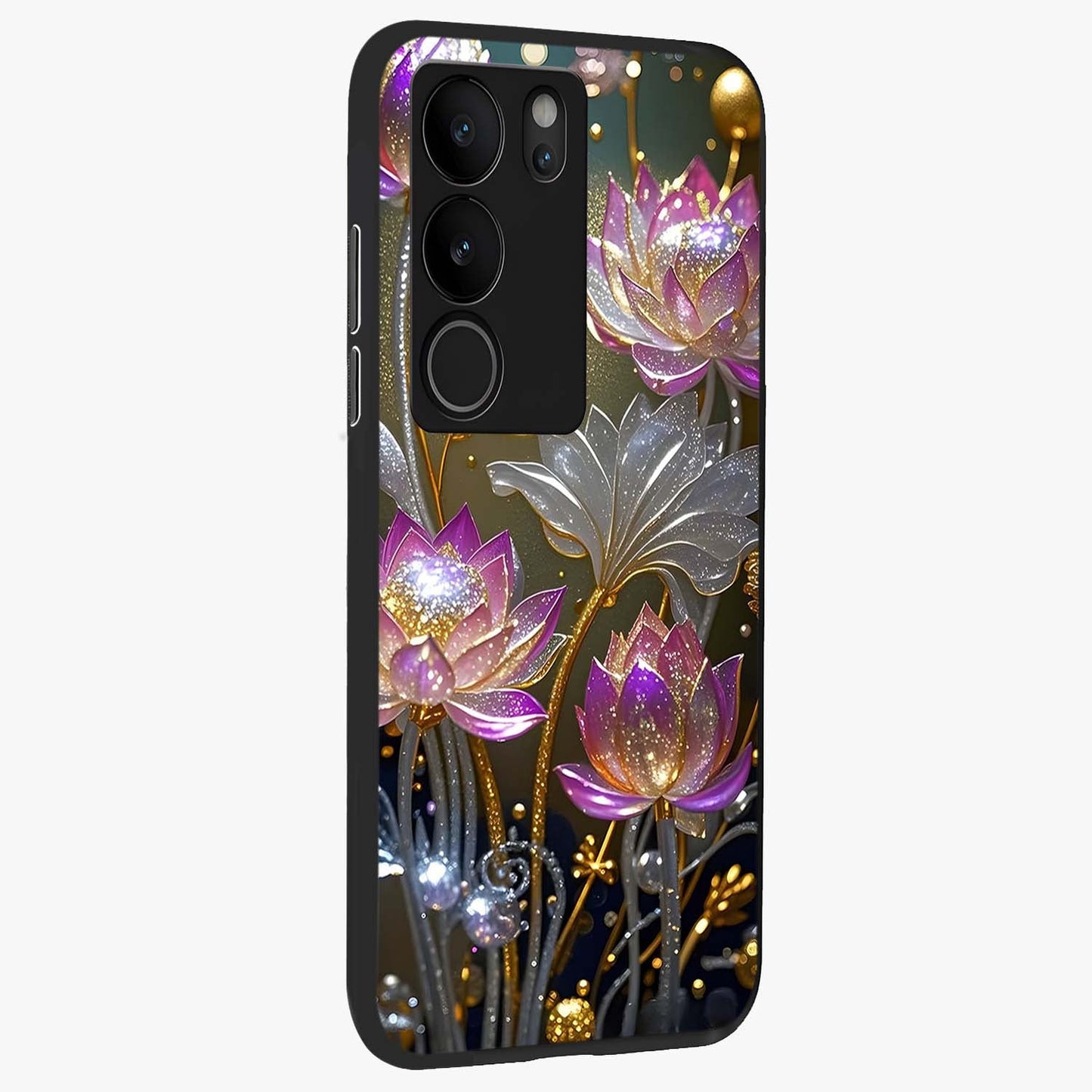 Golden Floral Majesty Glass Case upright view showcasing majestic floral artwork with rich decorative theme.