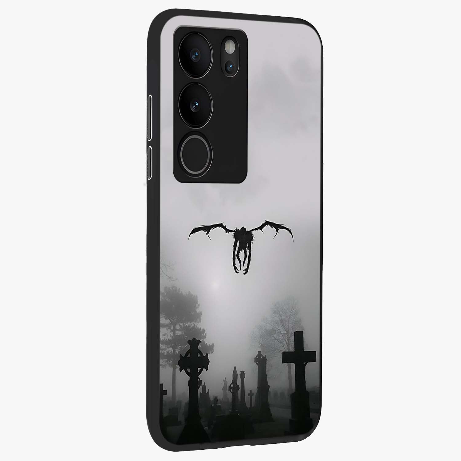 Graveyard Shadow Descent Glass Case upright view showcasing haunting graveyard artwork with dramatic dark theme.
