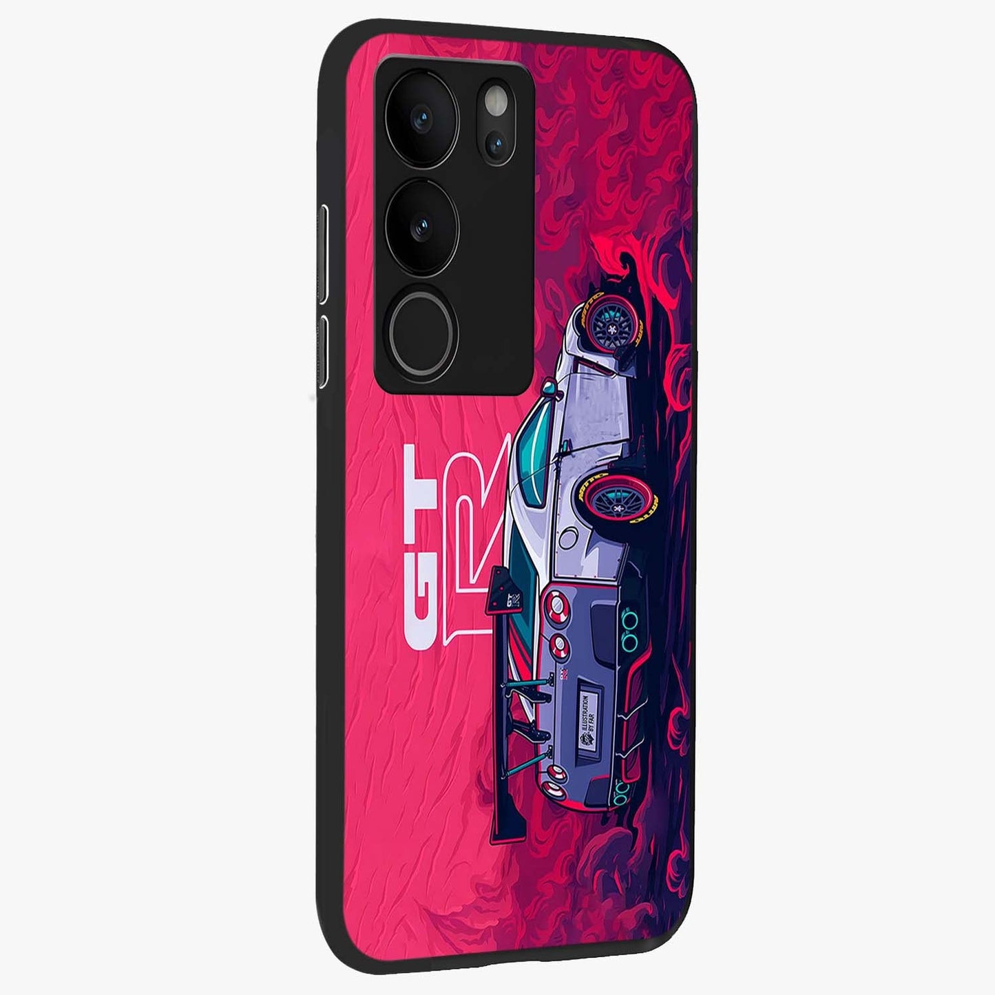 GT-R Car Pattern Glass Case upright view showcasing dynamic car pattern artwork with modern sports theme.