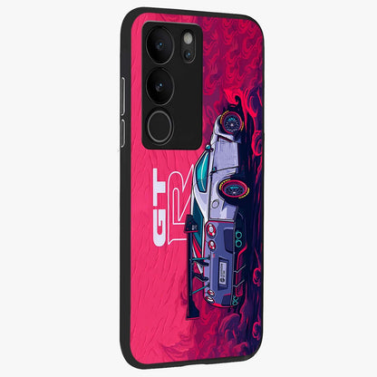 GT-R Car Pattern Glass Case upright view showcasing dynamic car pattern artwork with modern sports theme.