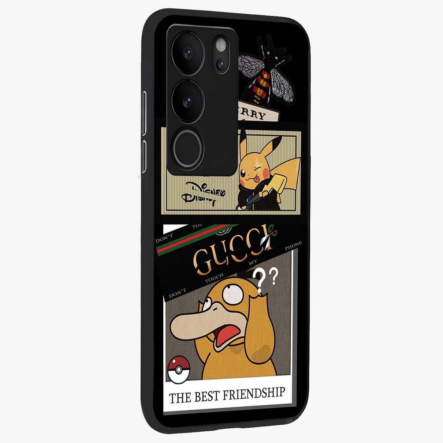 Gucci Play Mashup Glass Case upright view showcasing trendy luxury inspired artwork with modern fashion theme.
