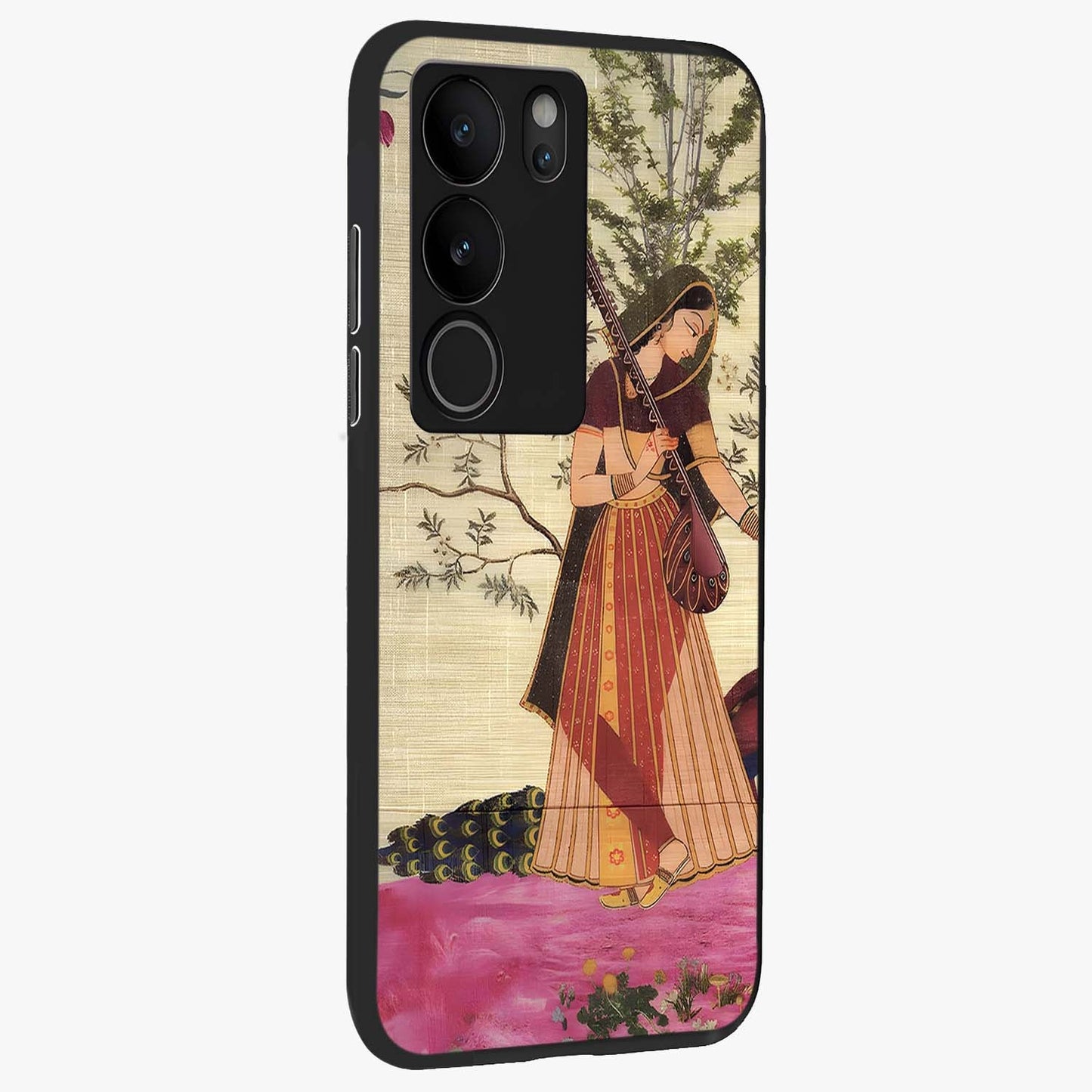 Lady With Veena Art Glass Case upright view showcasing classical veena artwork with traditional artistic theme.