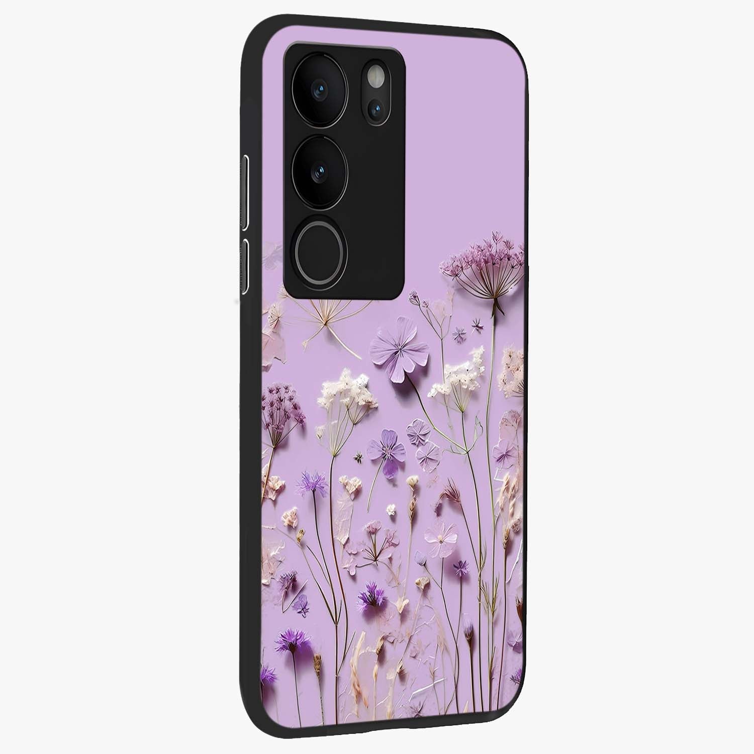 Lavender Blossom Dream Glass Case upright view showcasing delicate lavender blossom artwork with peaceful floral theme.