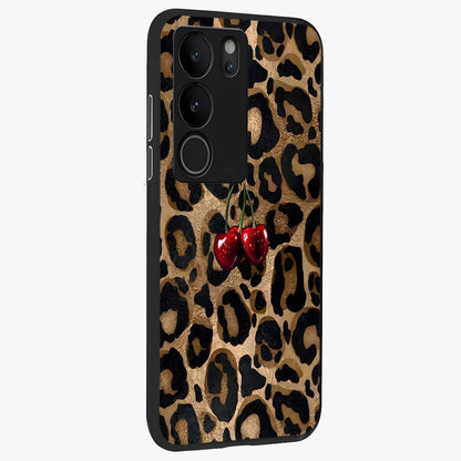 Leopard Wild Cherry Glass Case upright view showcasing stylish leopard pattern artwork with trendy fashion theme.