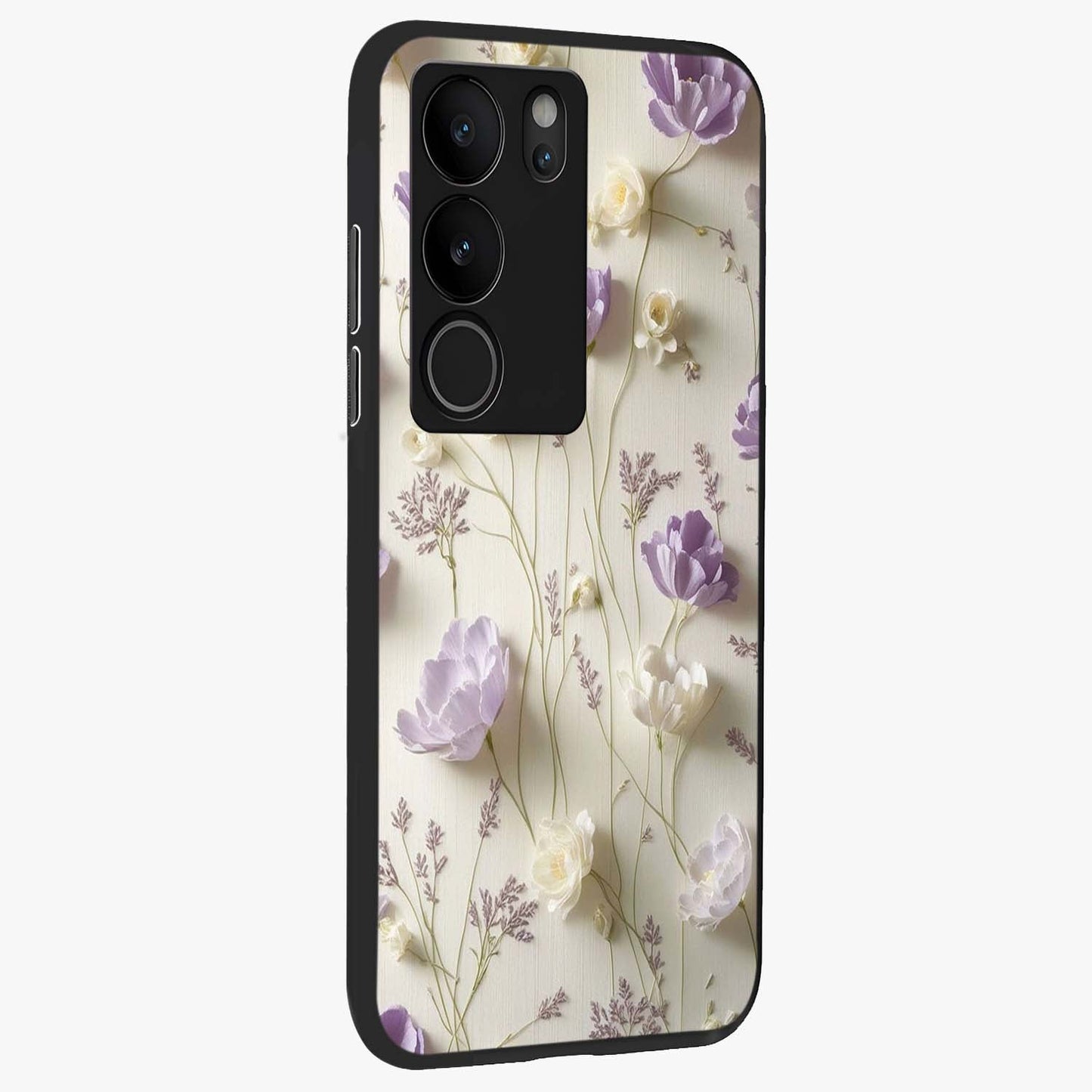 Lilac Breeze Harmony Glass Case upright view showcasing delicate lilac artwork with peaceful floral theme.
